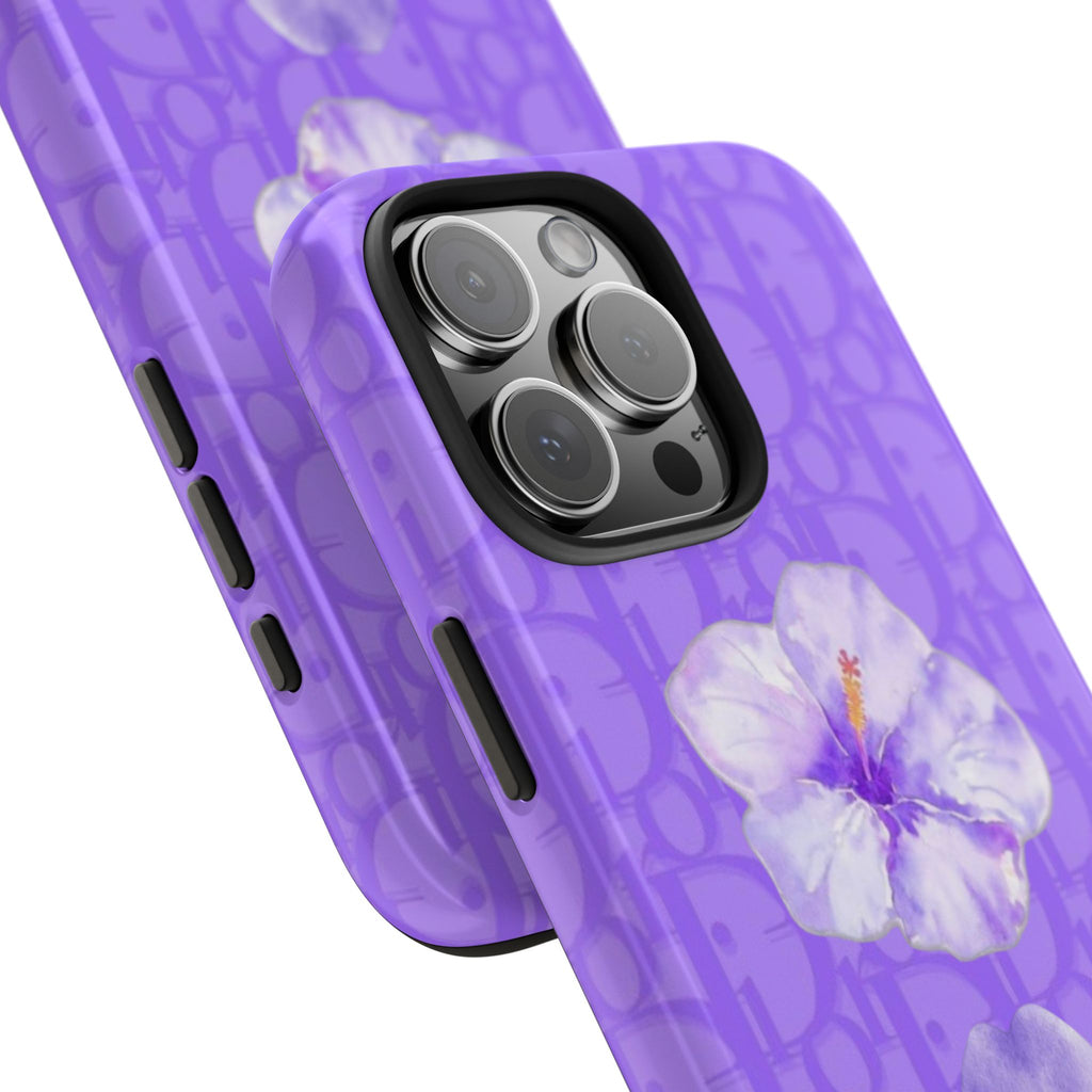 Purple Dior hibiscus floral phone case, angled view with monogram and flower