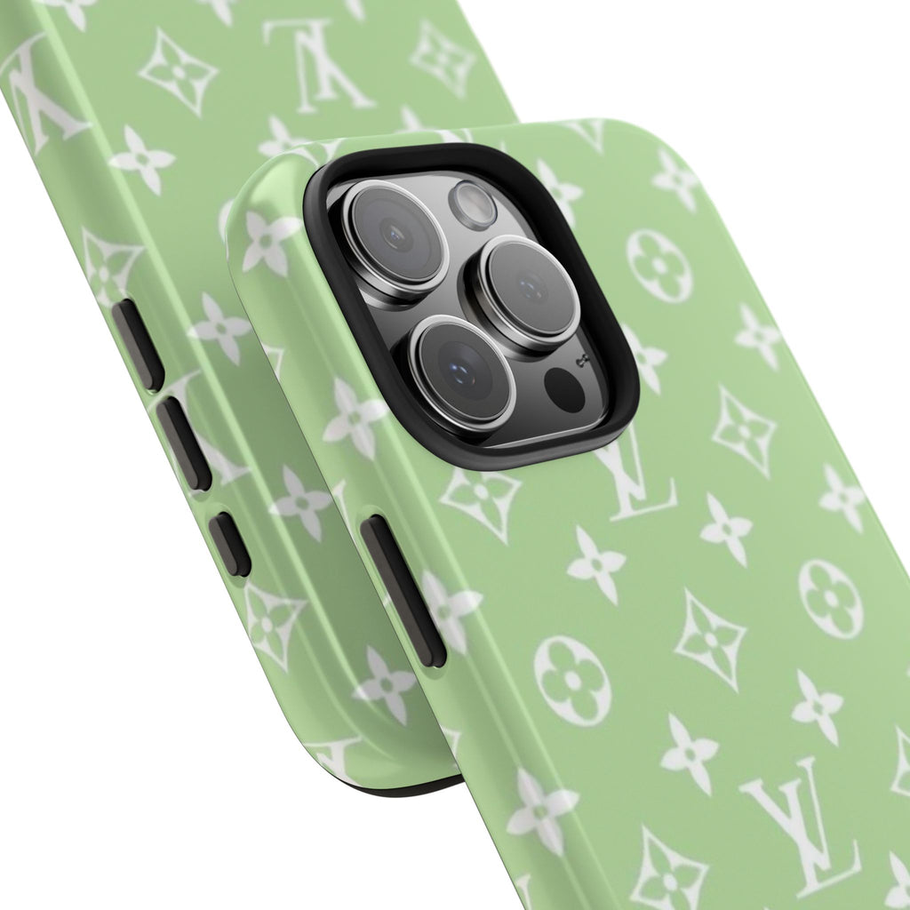 Green phone case with white LV-style monogram pattern and raised camera lens cutouts