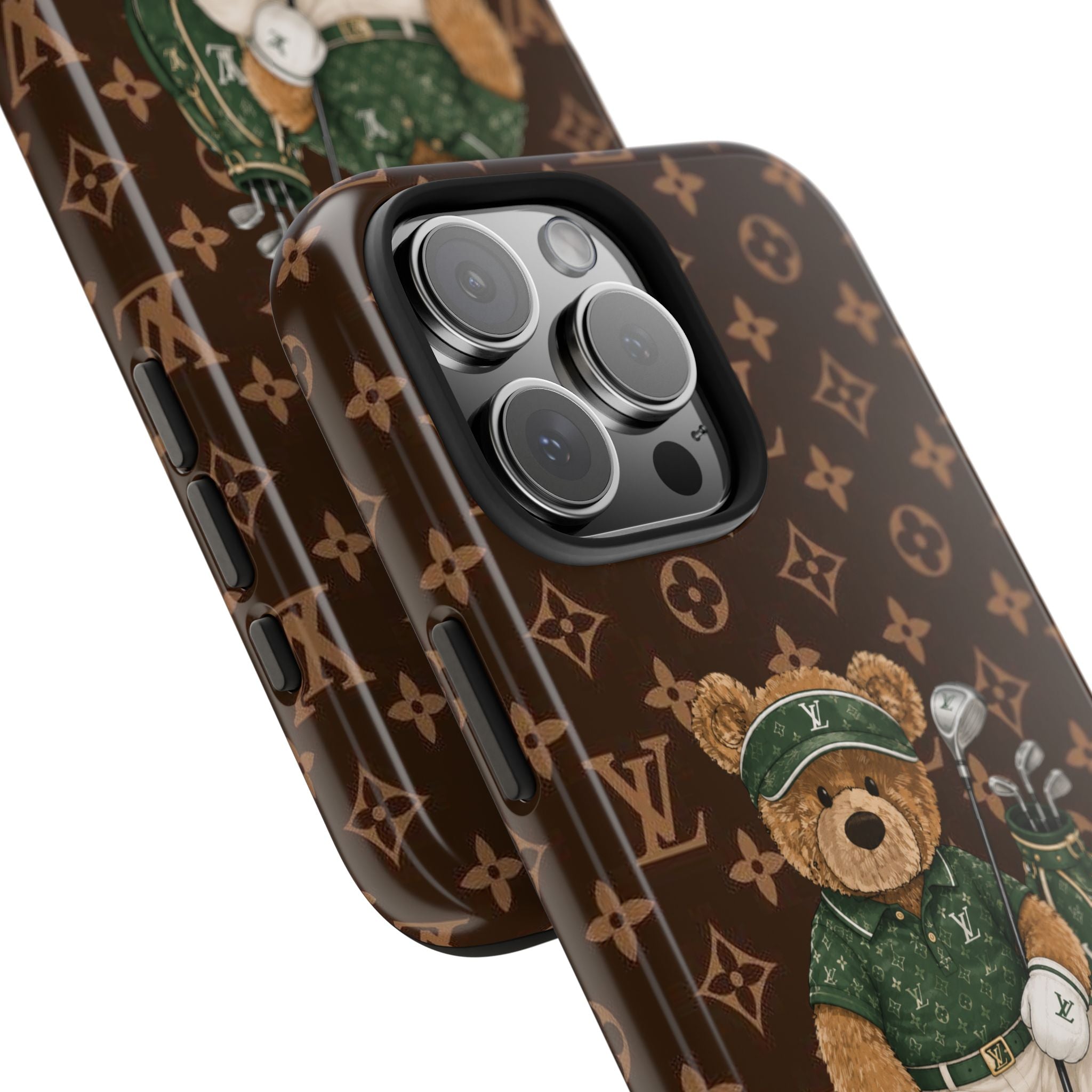 Brown LV golf teddy bear phone case close-up with camera lens cutouts and club graphics