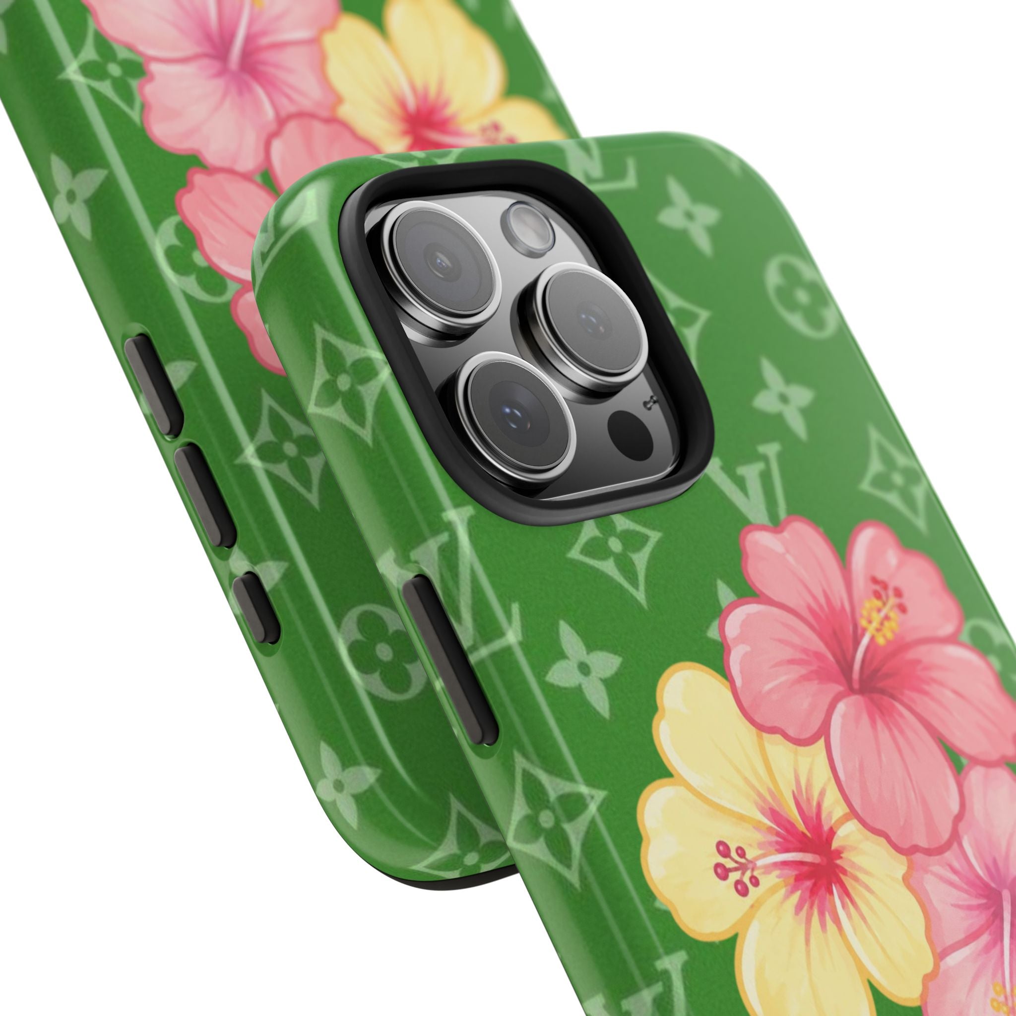 Green phone case with camera cutouts and hibiscus flower print with LV pattern