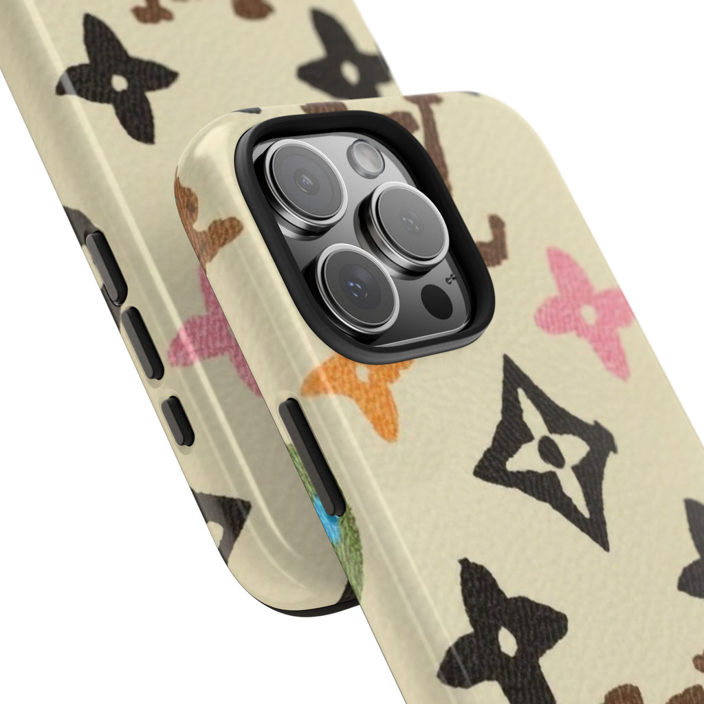 Beige phone case with LV-style multicolor monogram pattern and side button openings
