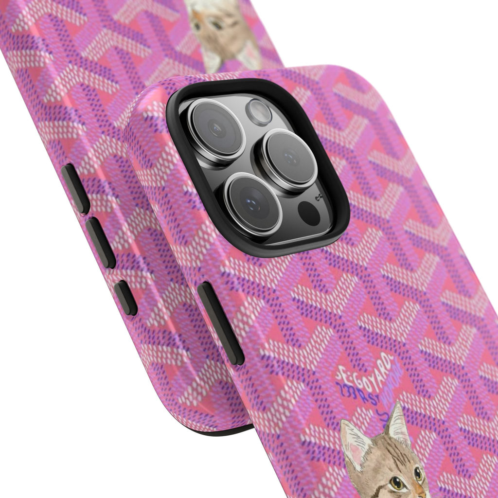 Fuchsia pink cat phone case angled view with kitten graphic, raised camera lens covers