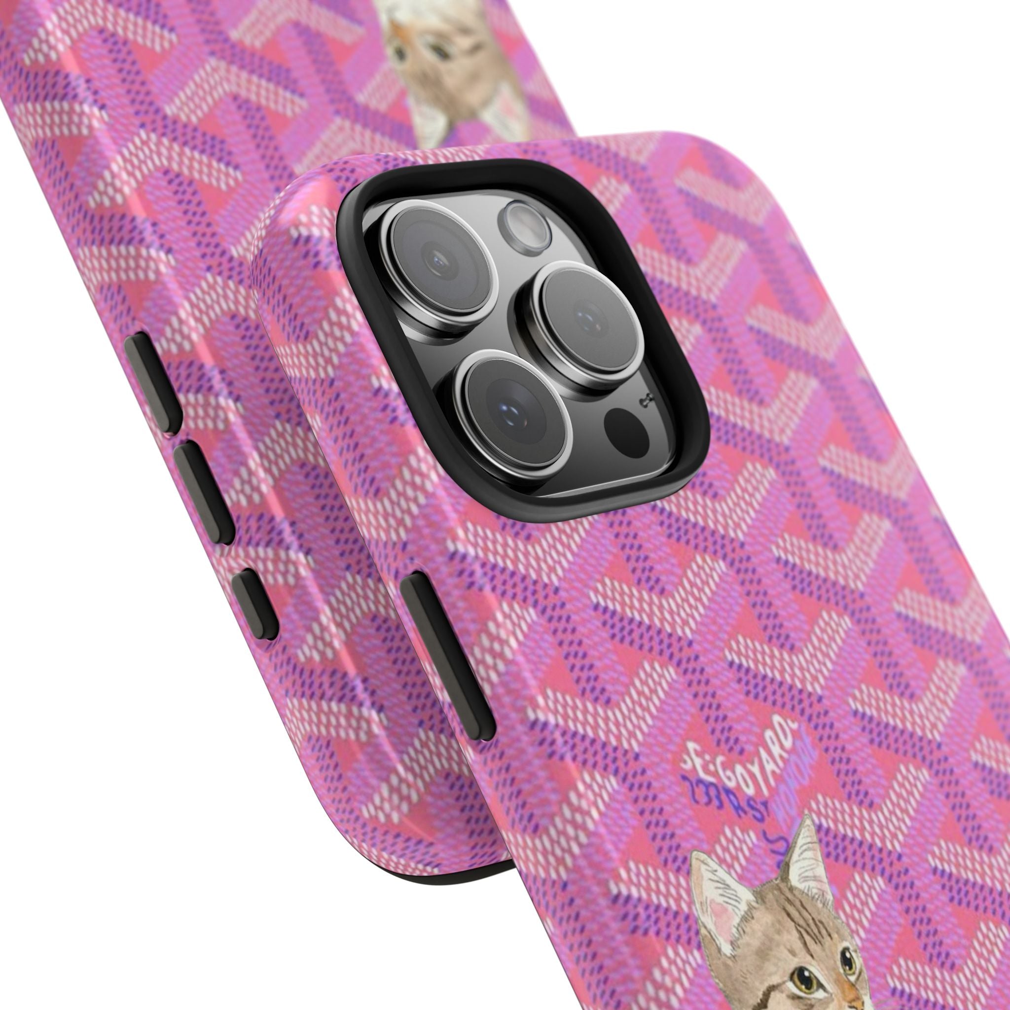 Fuchsia pink cat phone case angled view with kitten graphic, raised camera lens covers