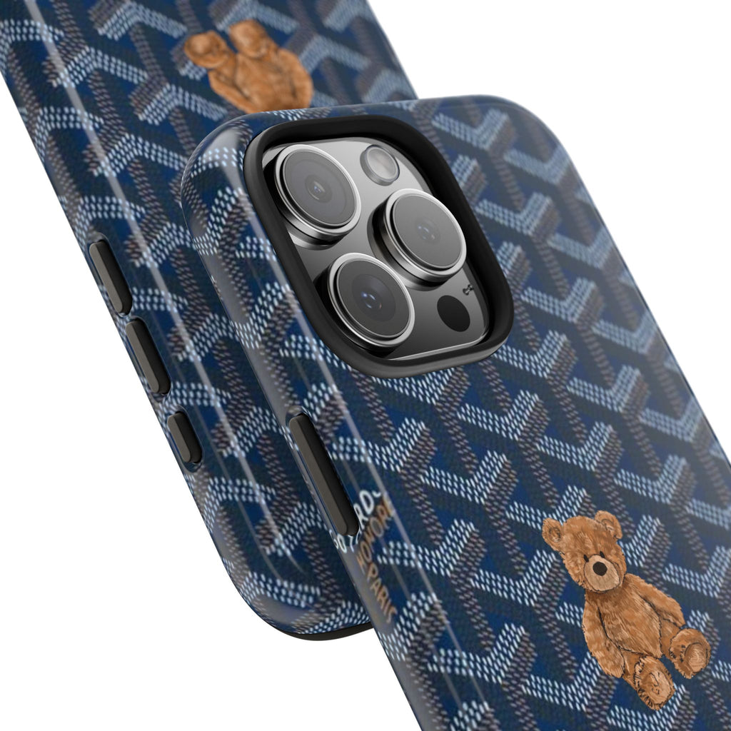 Goyard teddy bear phone case, blue patterned back with bear near corner