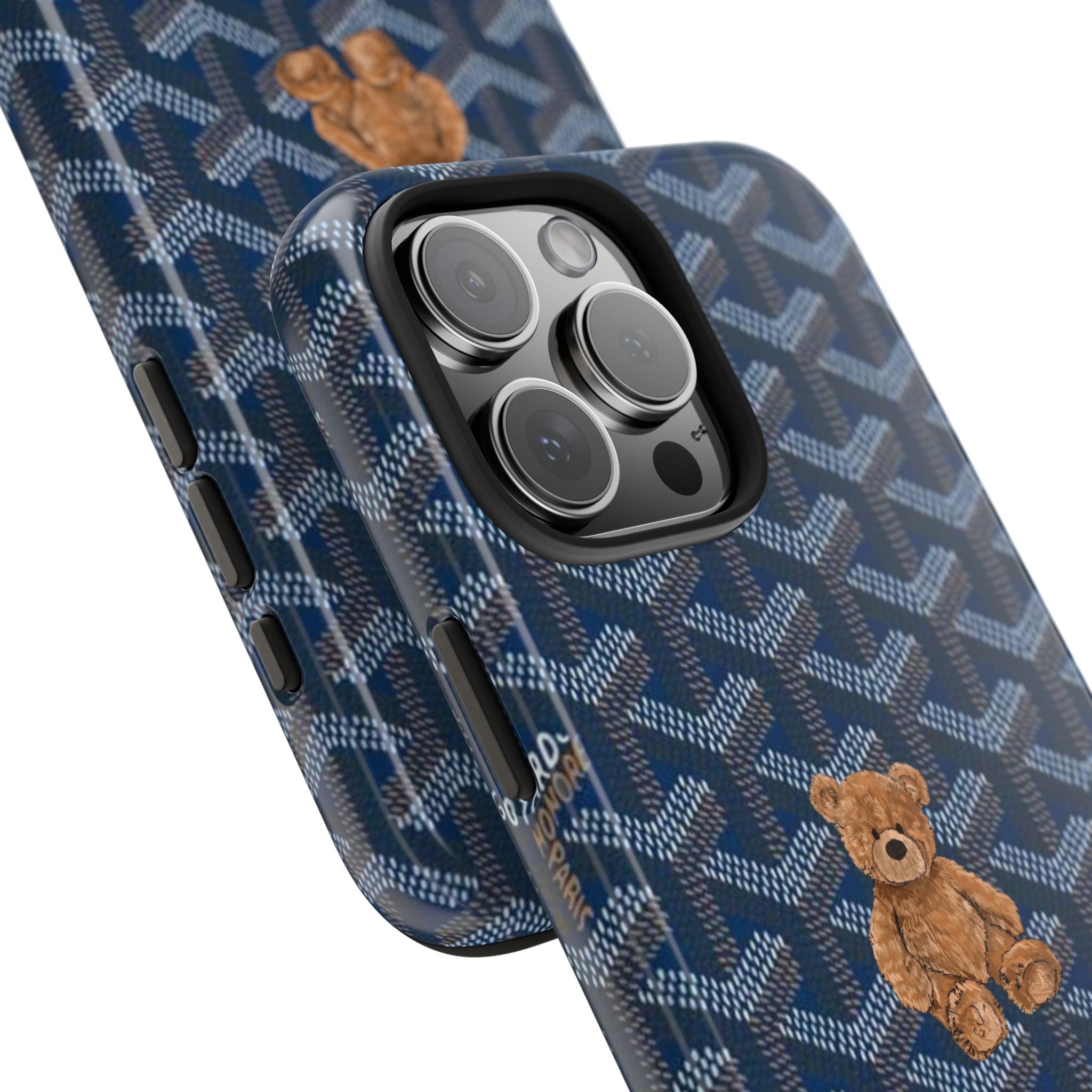 Goyard teddy bear phone case, blue patterned back with bear near corner