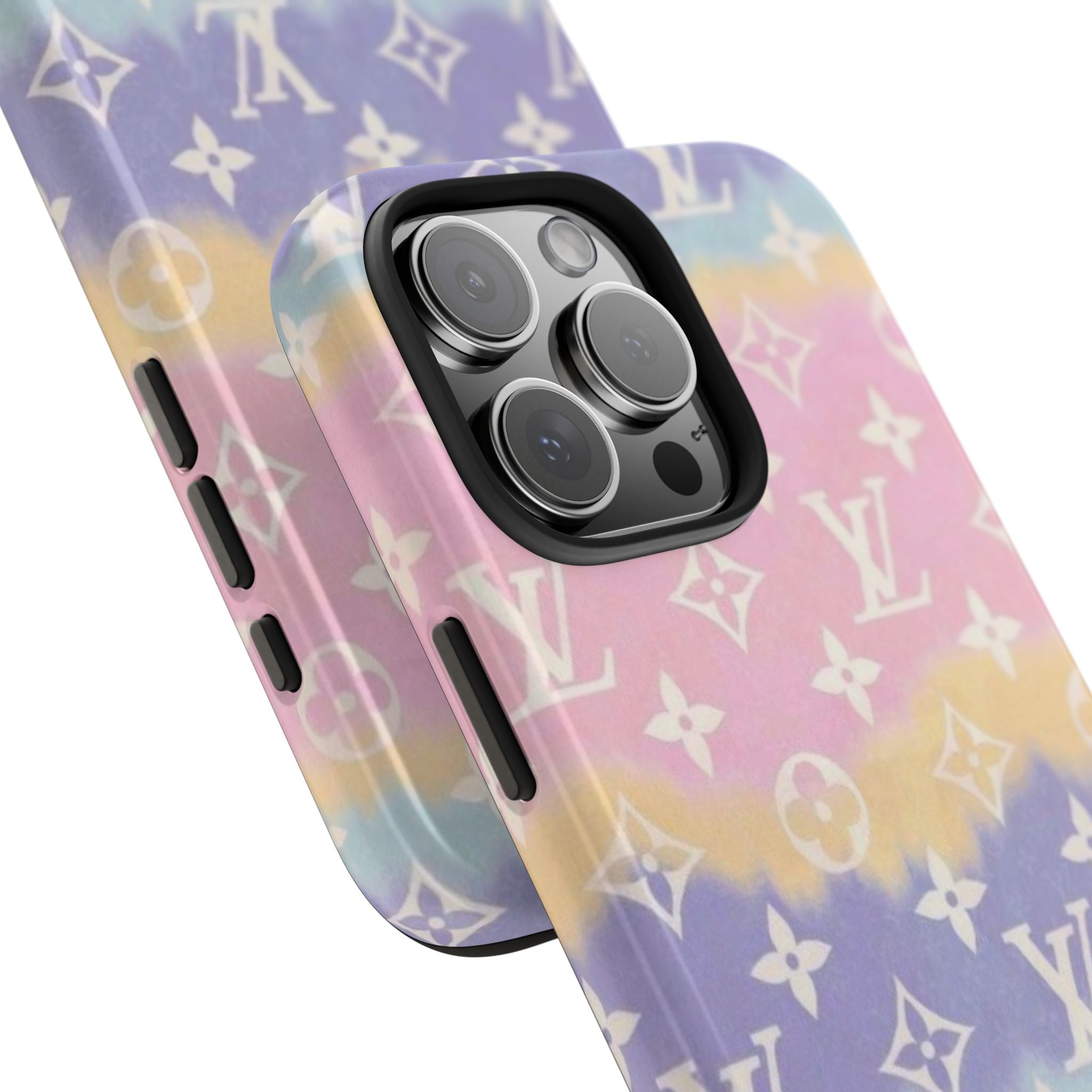 Gradient phone case close-up with LV-style pattern, camera lenses, and side button cutouts
