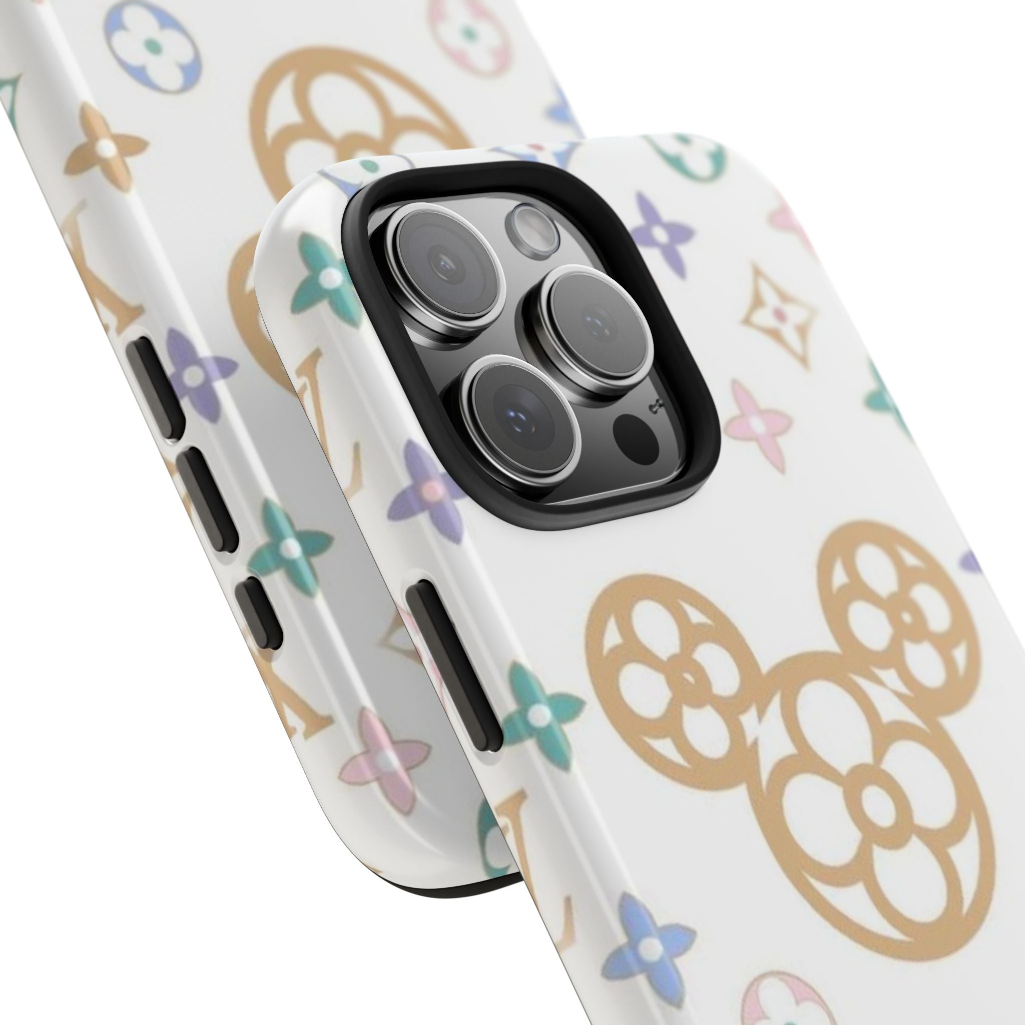 White pastel LV Mickey phone case showing raised camera cutouts and tan Mickey print