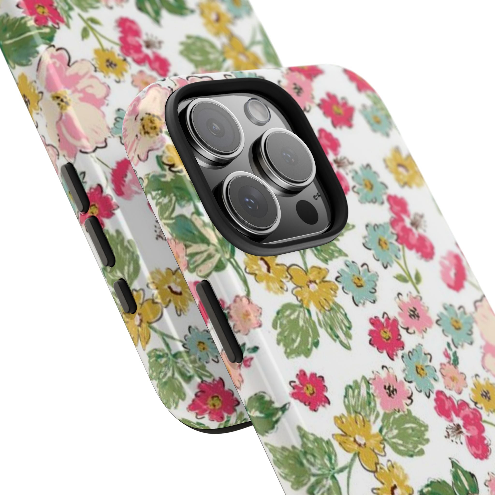 Floral phone case detail with dual camera cutouts and side buttons; white with colorful flowers