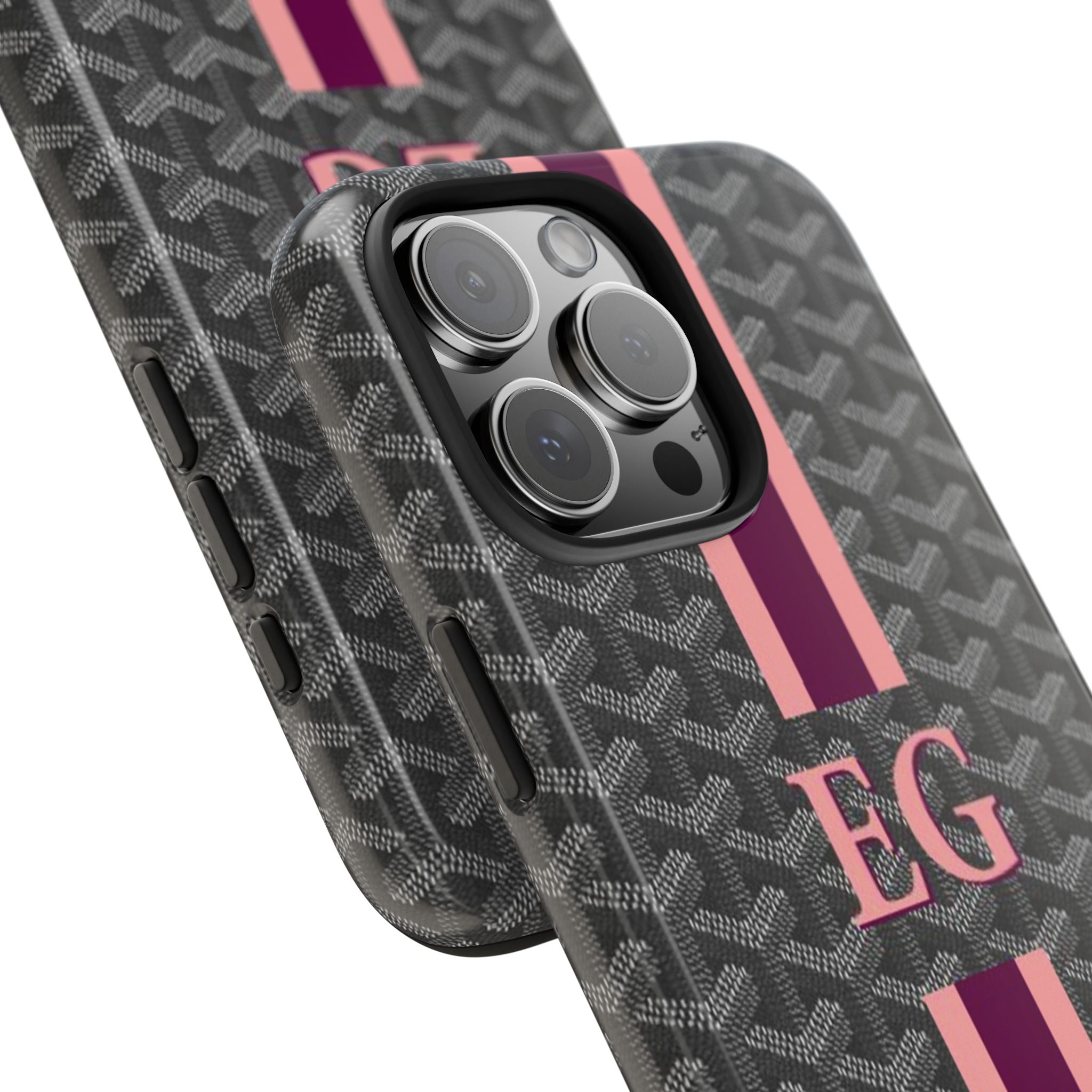Personalized grey Goyard-pattern phone case with EG monogram and pink stripe, side buttons