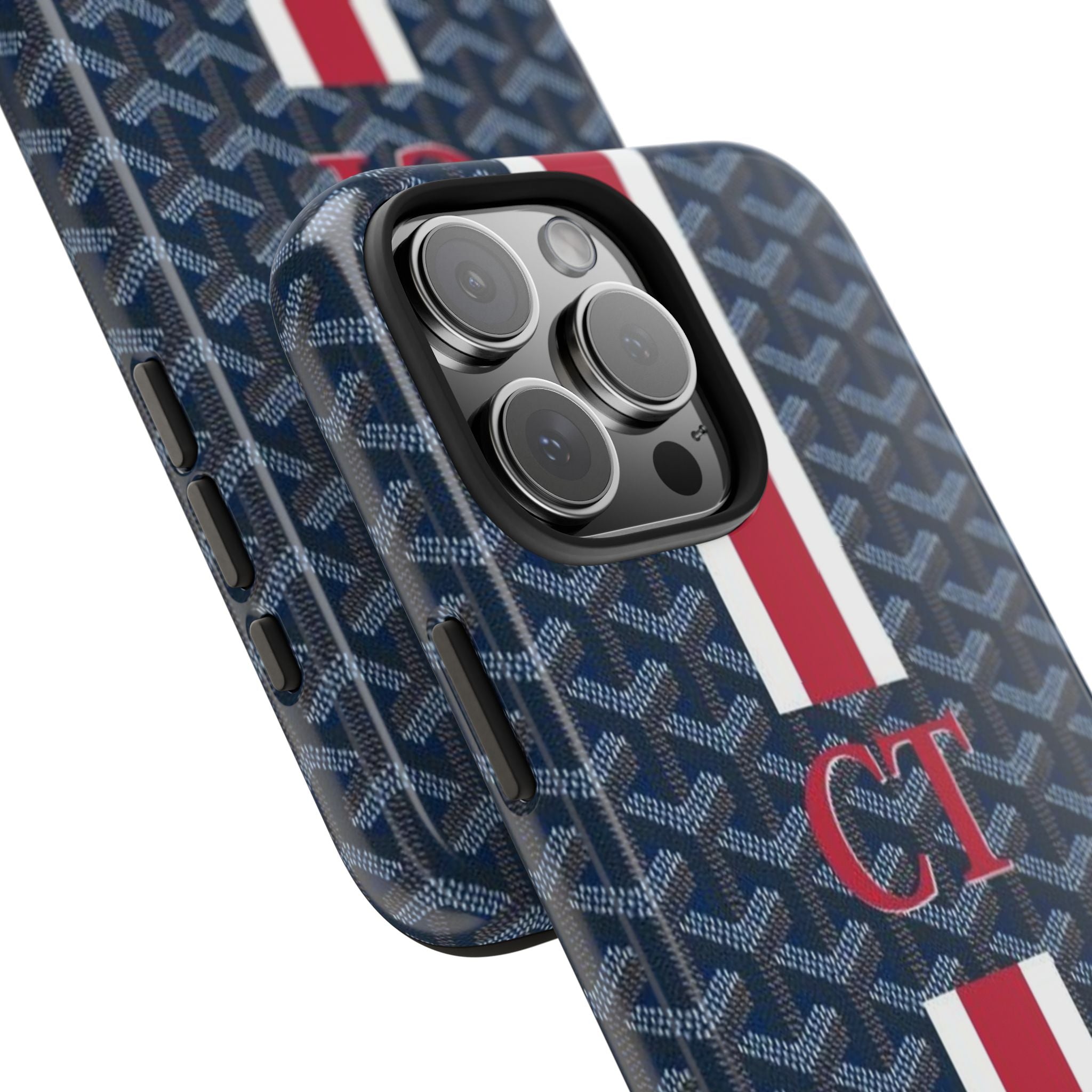 Personalized phone case close-up showing steel-blue pattern, red/white stripe, CT logo and camera cutout