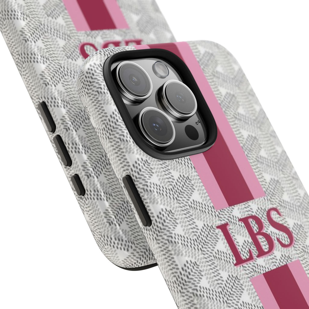 Personalized light grey phone case, pink stripe design and 'LBS', close-up camera lenses.