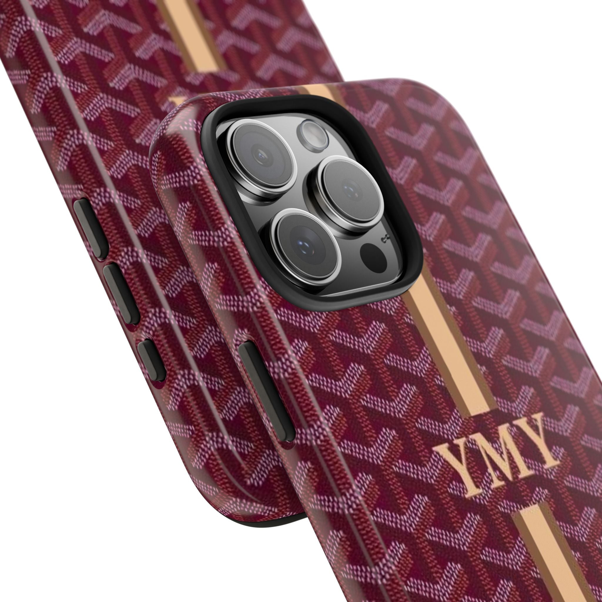 Personalized phone case raspberry red with Goyard-style pattern, beige stripe, YMY, side buttons visible