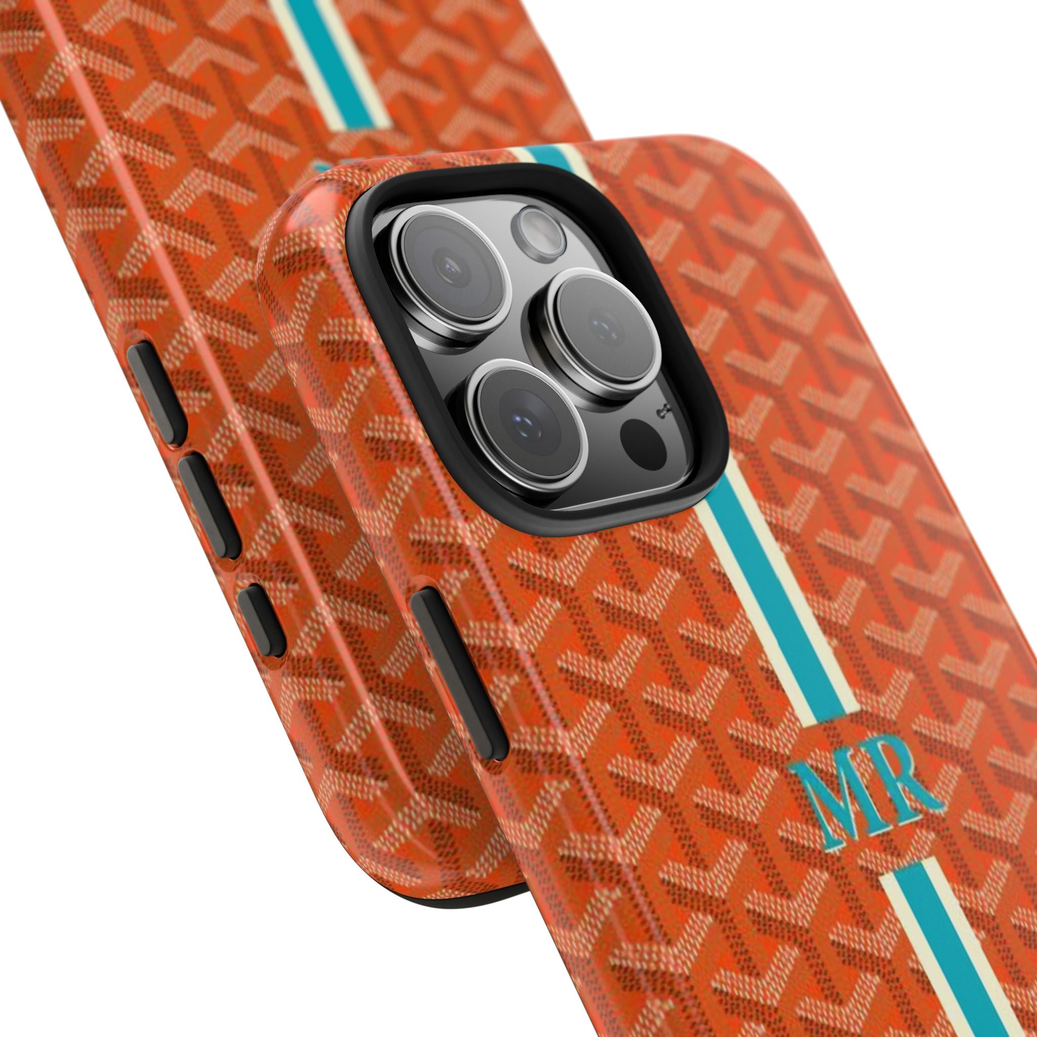 Orange Goyard-style phone case with teal stripes and MR text near camera cutouts
