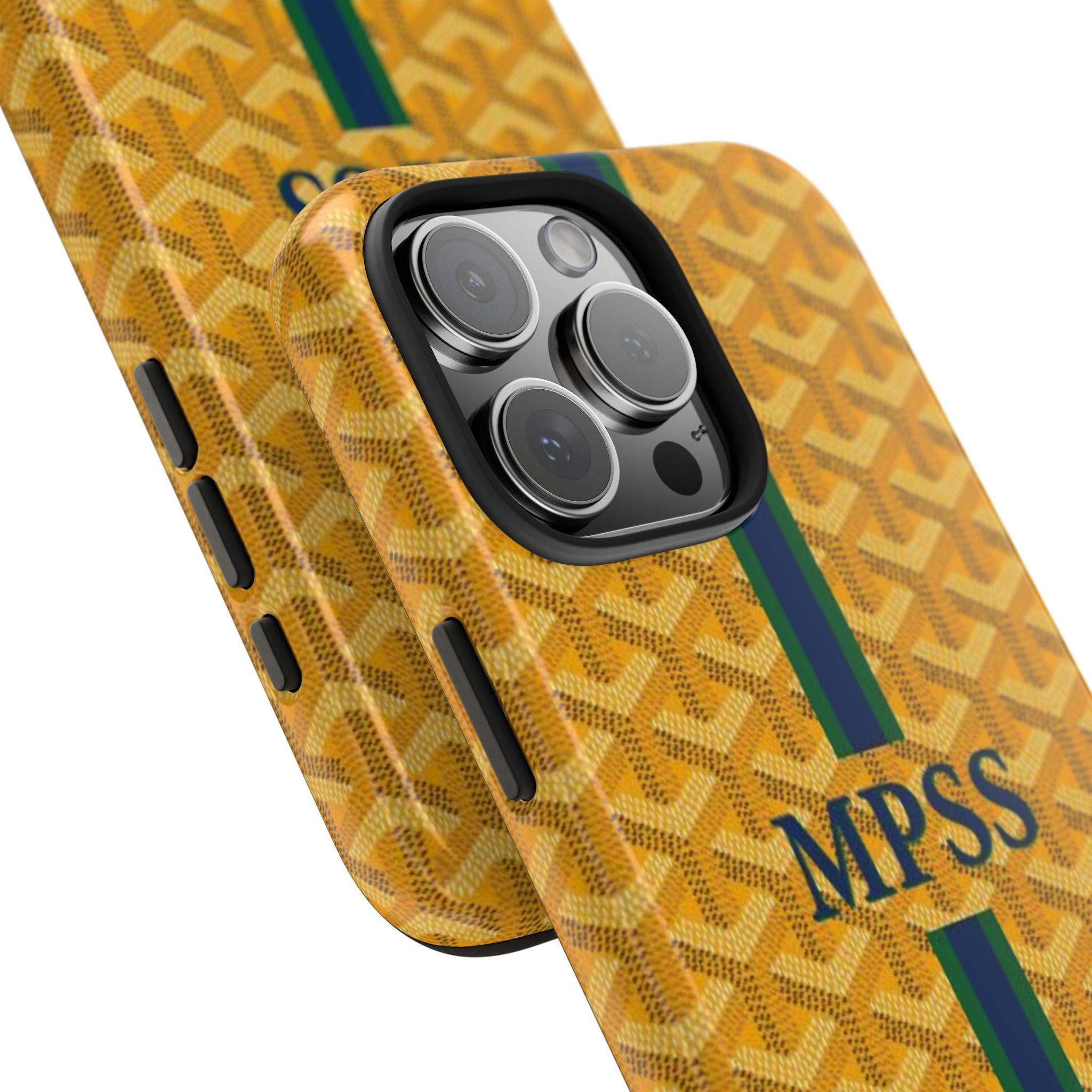 Yellow patterned phone case close-up with green stripes, MPSS name, camera lens openings