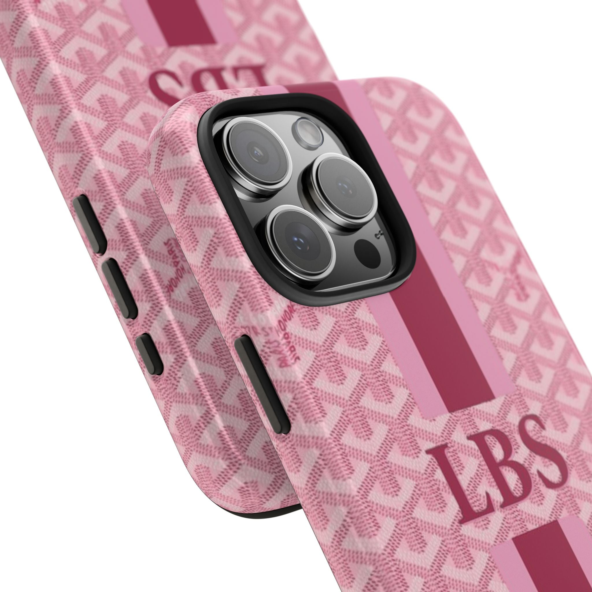 Pink personalized phone case close-up showing triple camera cutouts; LBS monogram and stripes.