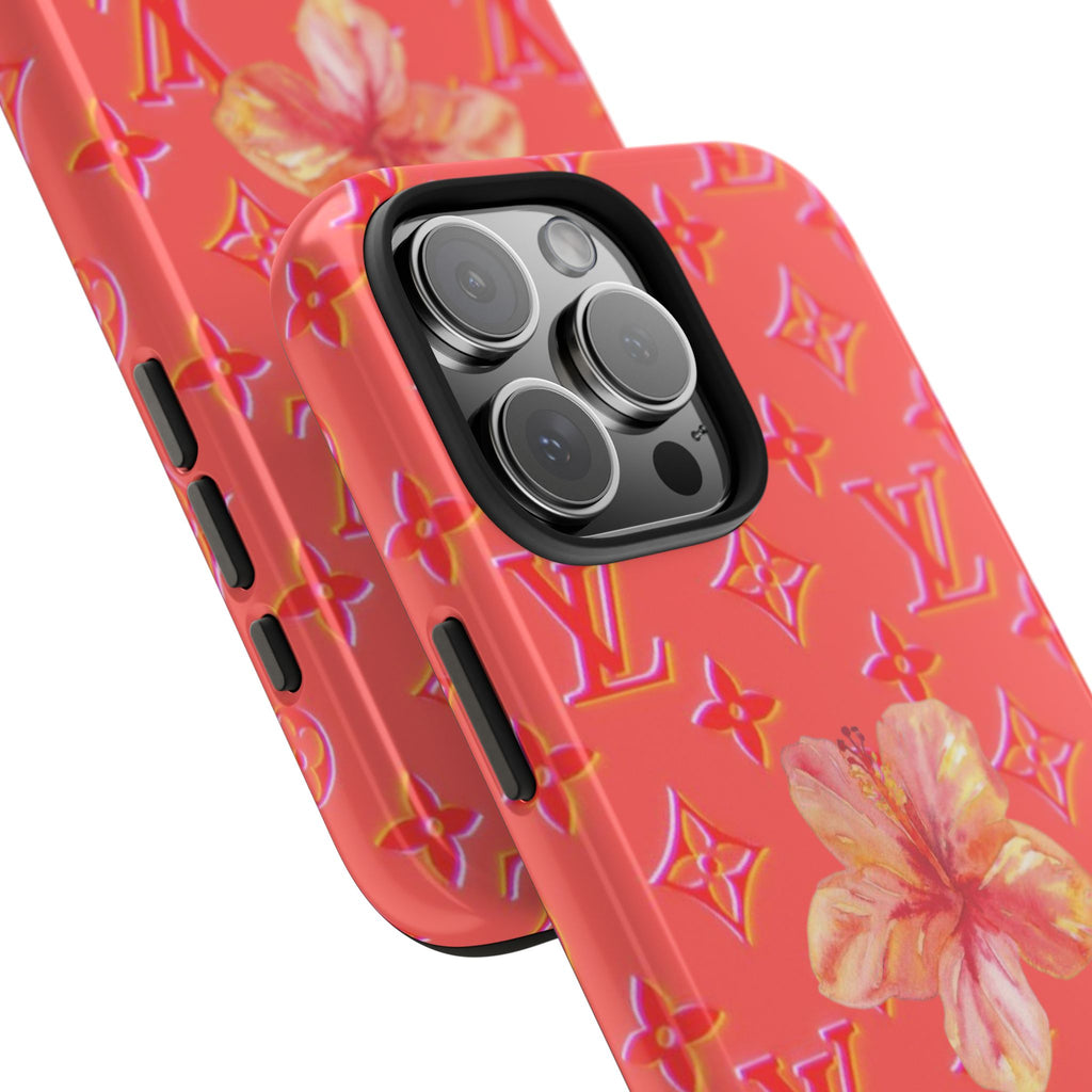 Coral phone case with gold LV pattern and hibiscus, camera lens module and side buttons