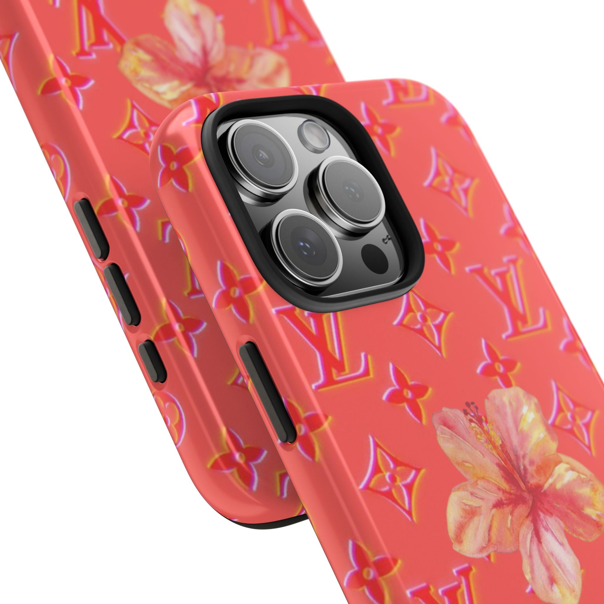Coral phone case with gold LV pattern and hibiscus, camera lens module and side buttons