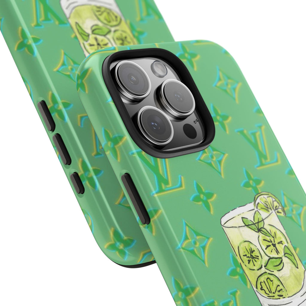 Lime green phone case with LV pattern and mojito cup detail near camera cutouts