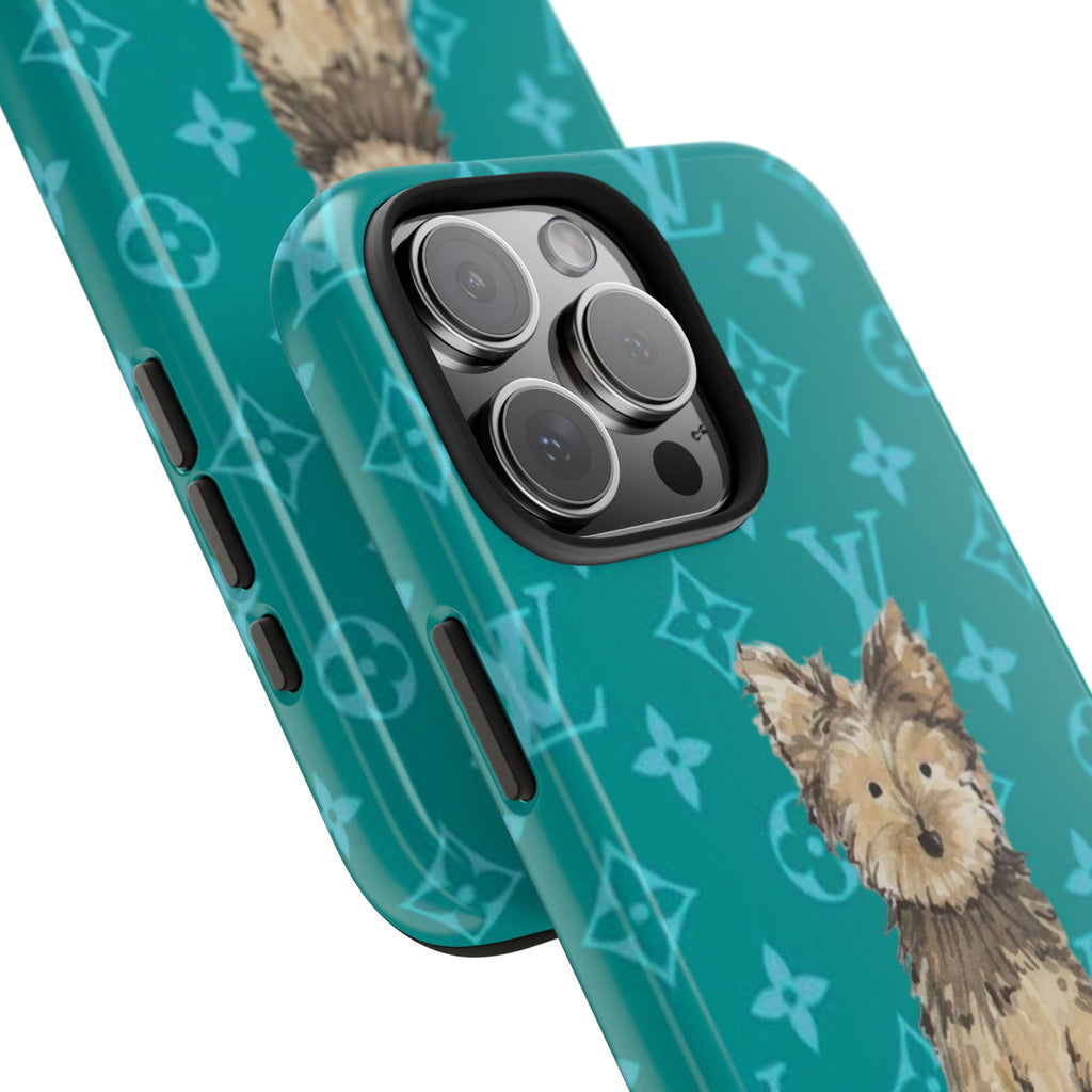 Teal phone case showing raised camera lenses and Yorkie puppy print with LV-style pattern