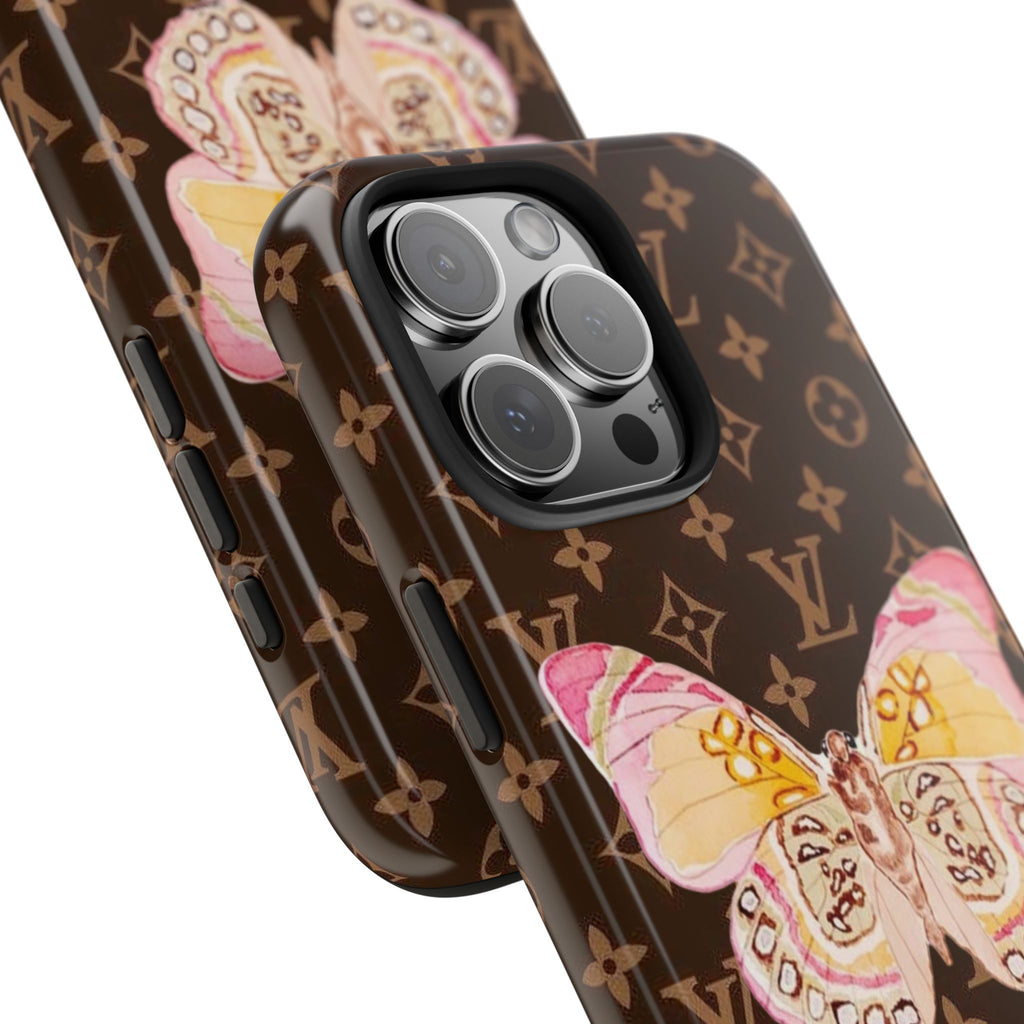Brown Louis Vuitton-style phone case with butterfly design and protective camera bumpers