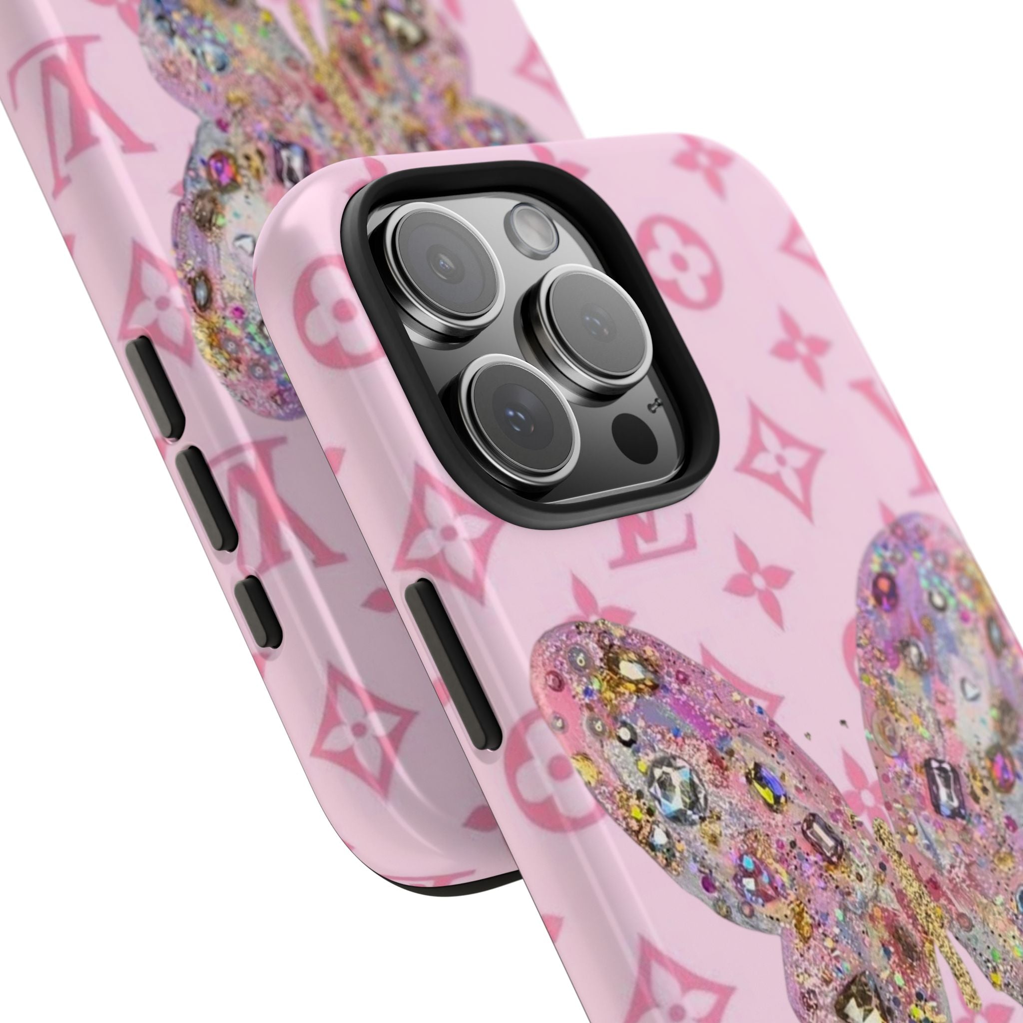 Pink phone case with LV monogram, glitter butterfly detail, camera cutout