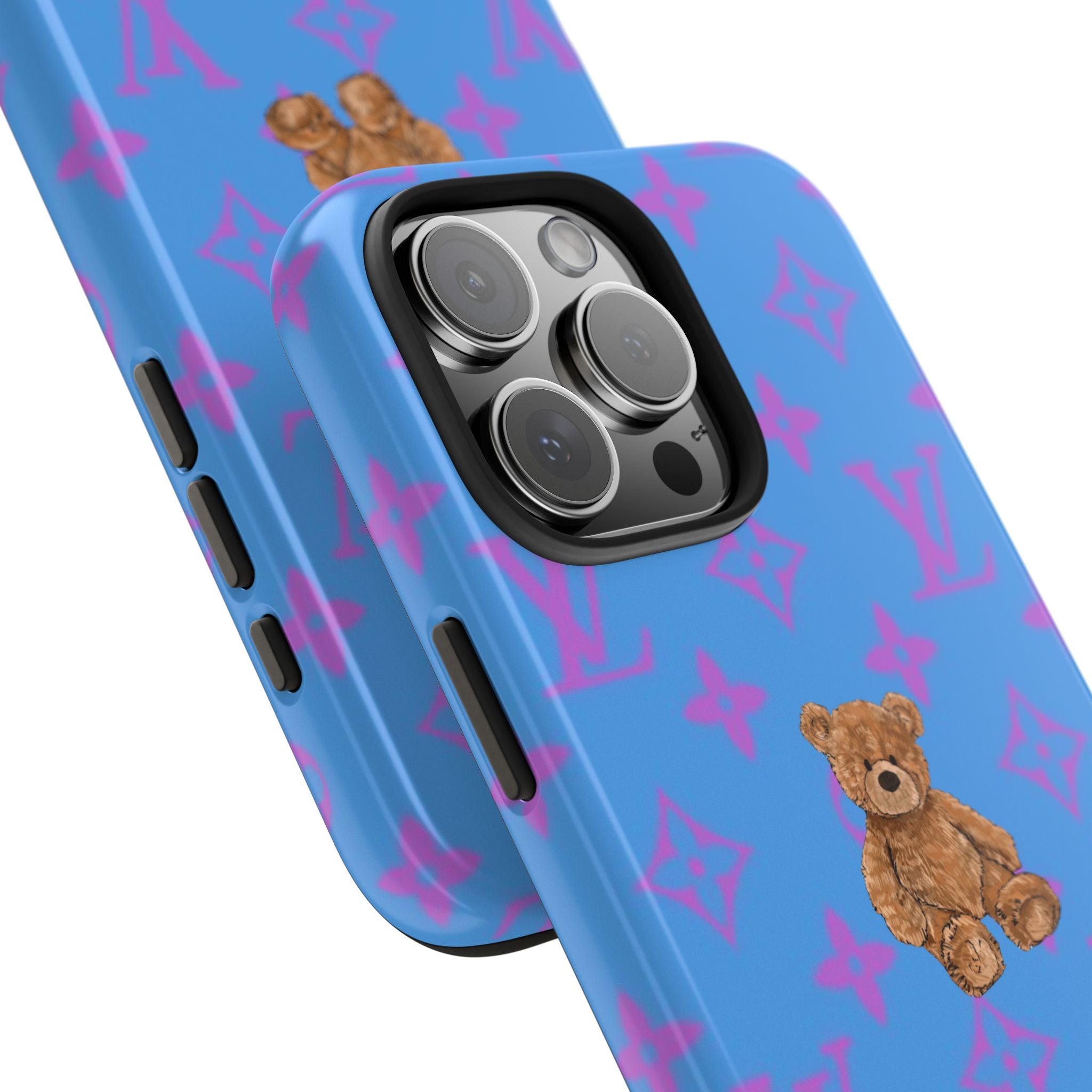 Royal blue phone case with purple logo pattern, teddy bear detail, and side button cutouts