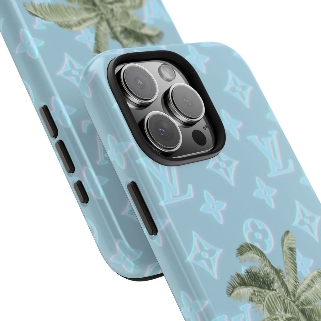 Blue phone case close-up with palm trees and LV-style monogram pattern