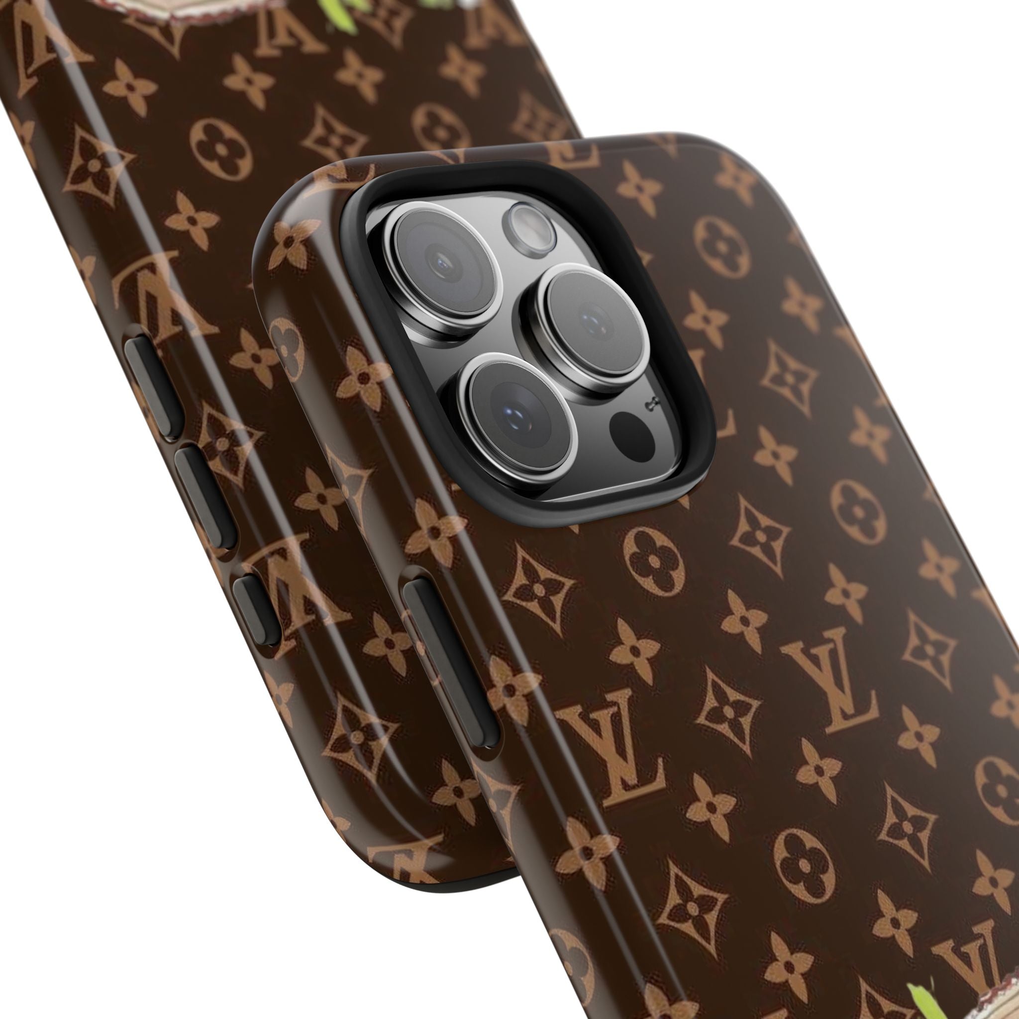 Brown phone case close-up with LV monogram and triple camera lens openings
