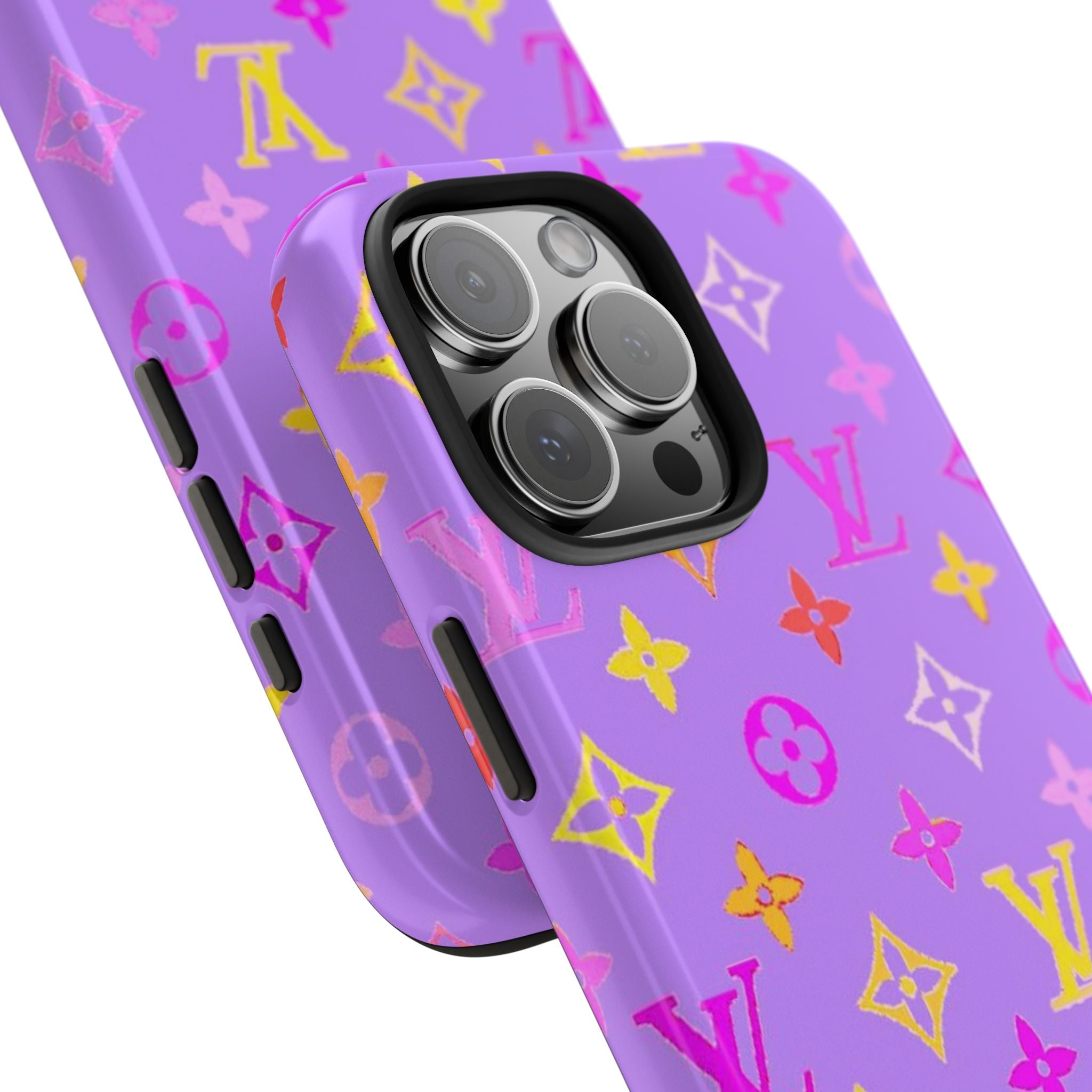 Purple phone case with multicolor LV-style icons, side button cutouts visible