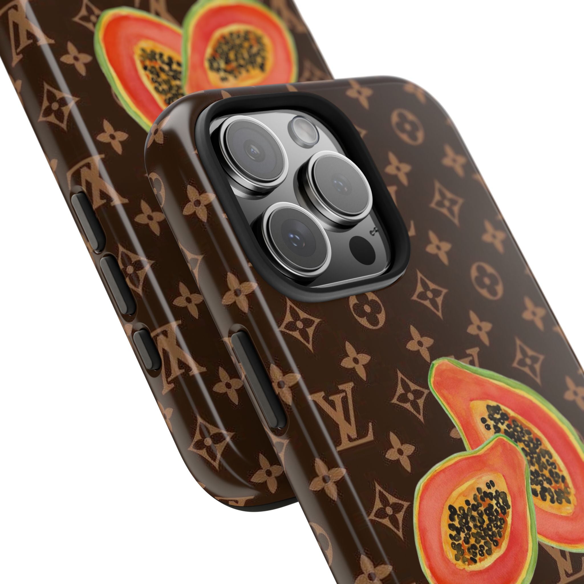 LV Summer Papaya phone case with dark monogram print, papaya graphic, and camera cutouts