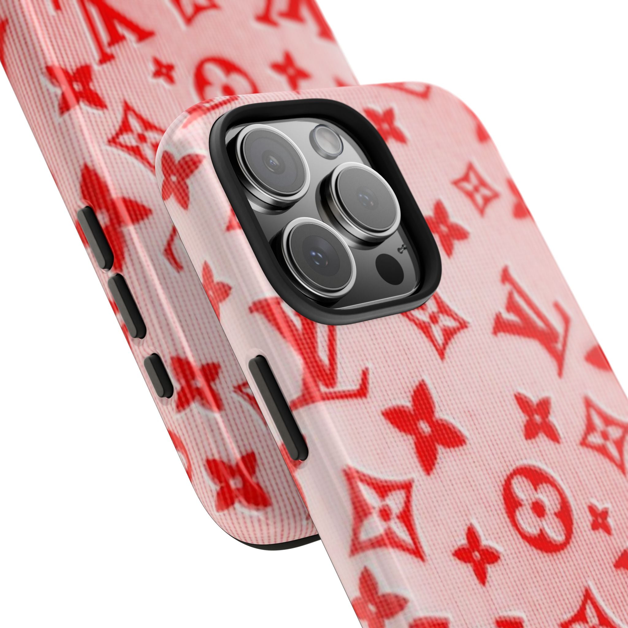 LV phone case detail showing side buttons and red monogram pattern