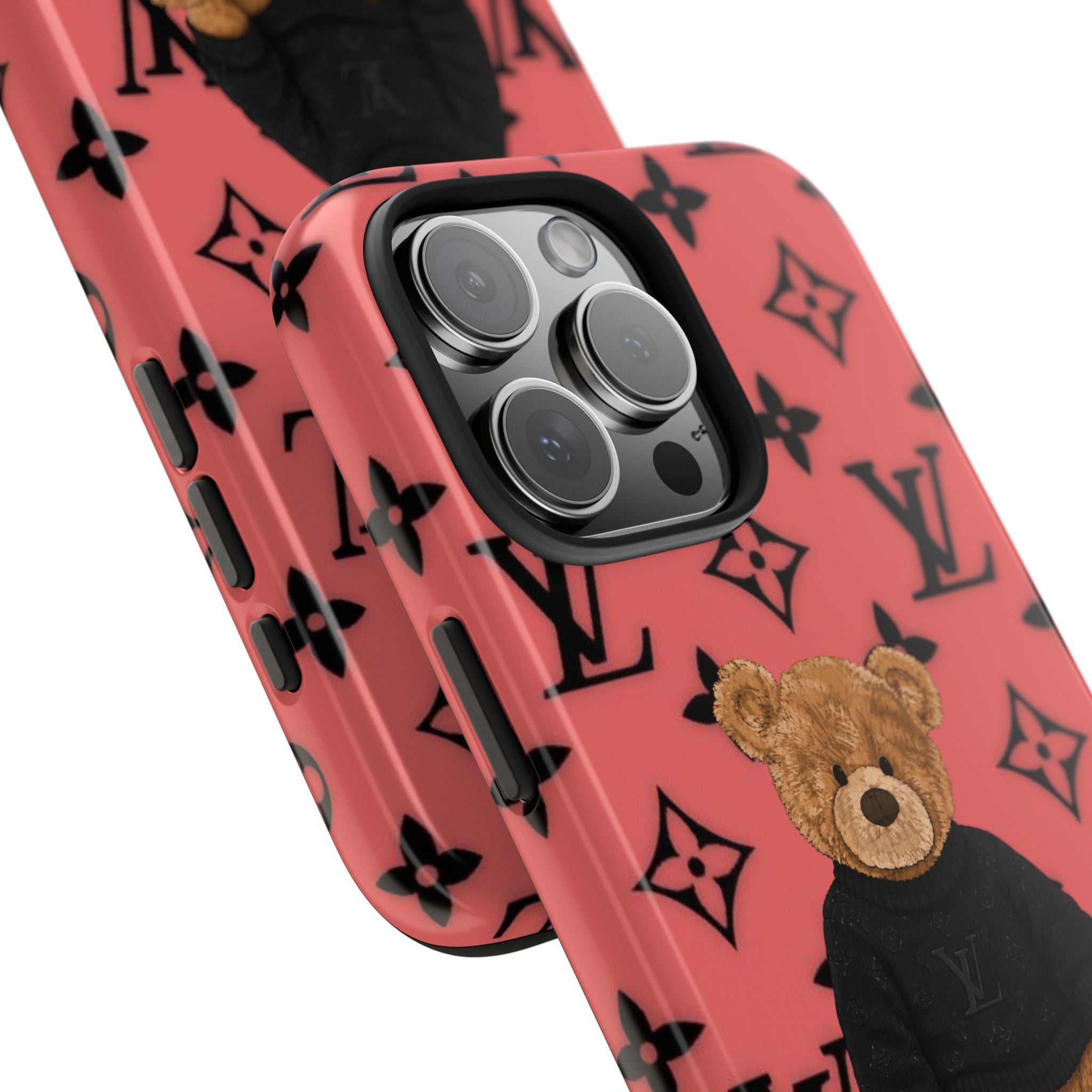 Light coral phone case close-up with teddy bear detail and camera cutouts, LV monogram