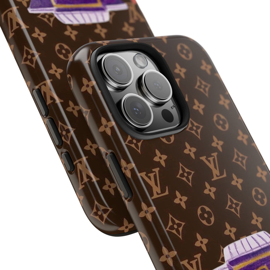 LV monogram phone case close-up with camera lenses and purple storefront detail