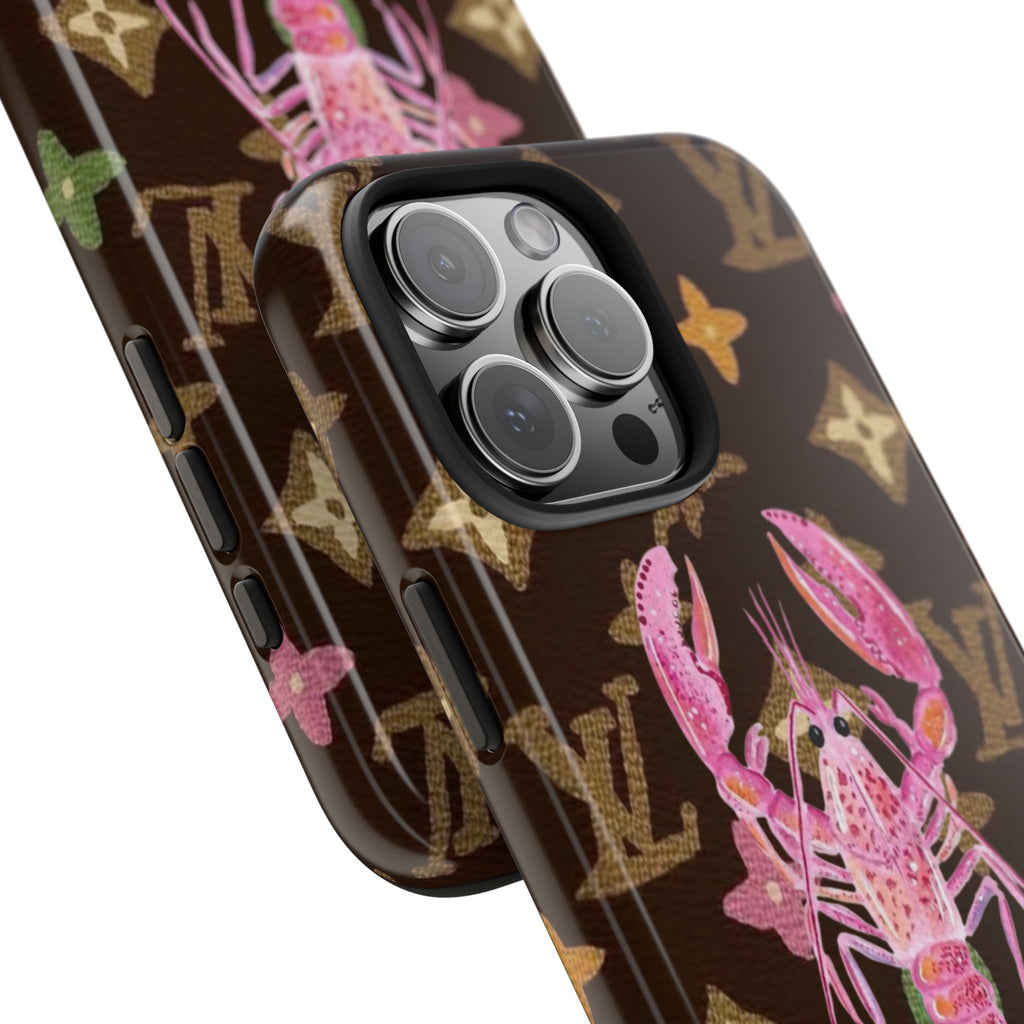 Brown phone case showing pink lobster over LV-style monogram with cutouts