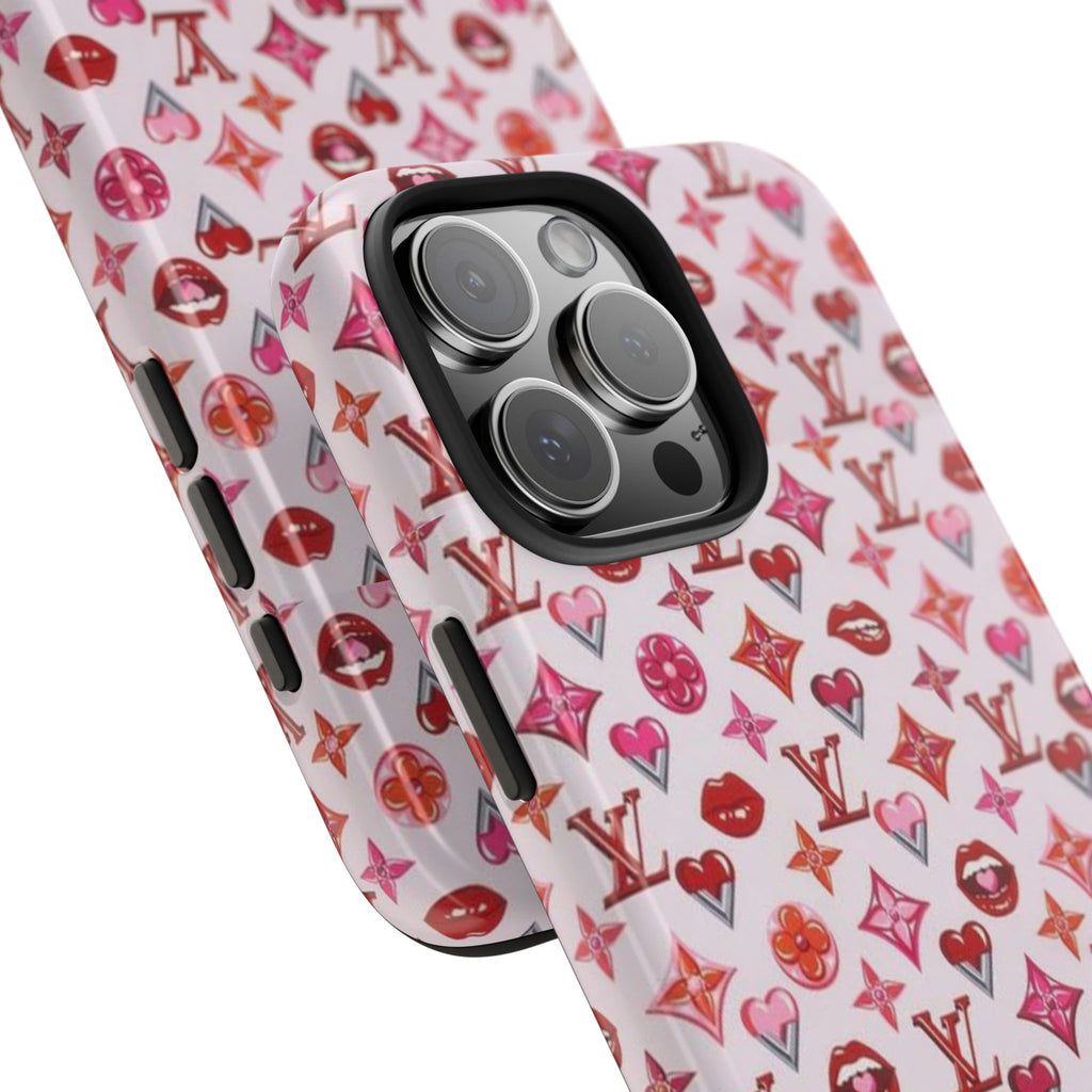 Pink LV monogram phone case with lips and hearts; dual camera cutouts and side buttons
