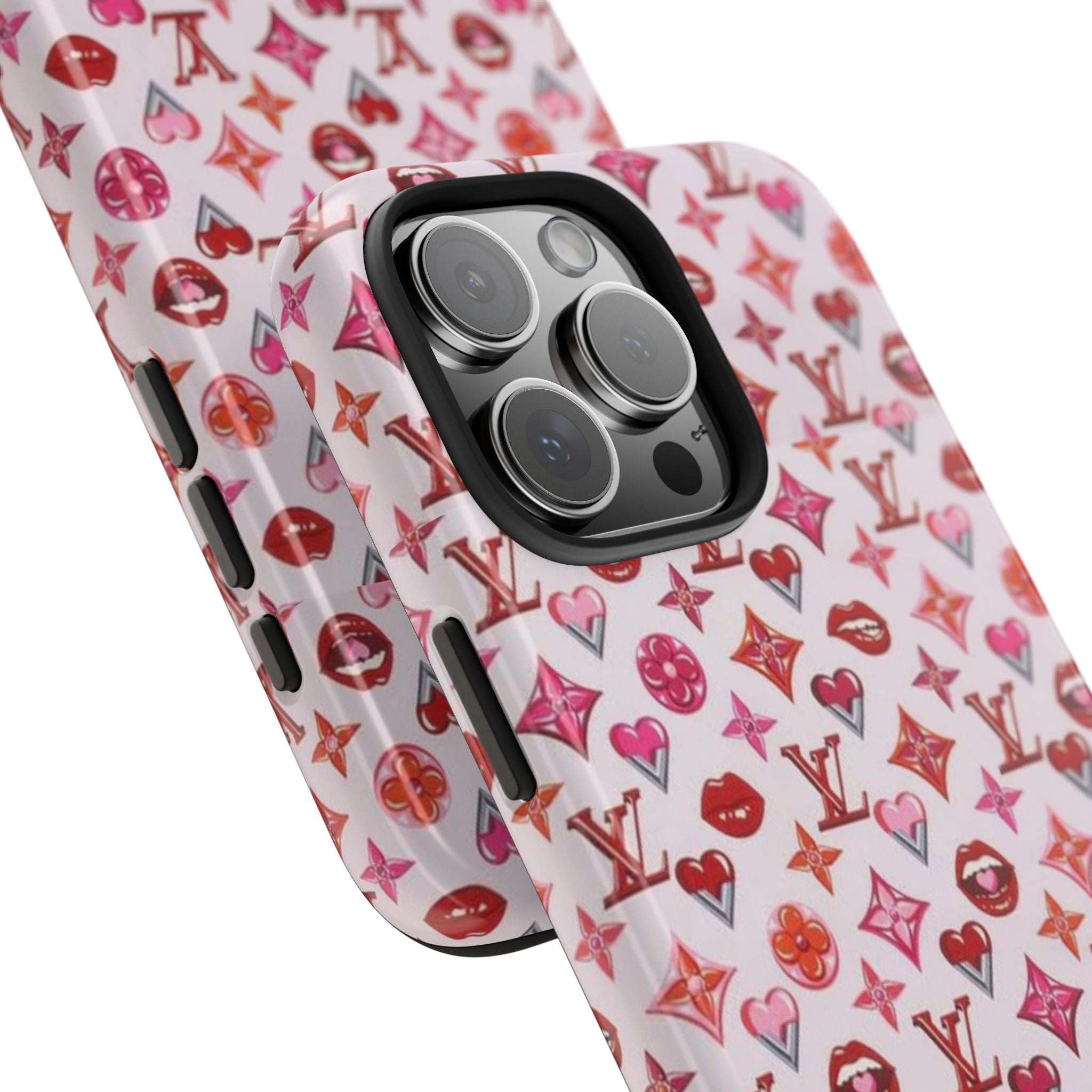 Pink LV monogram phone case with lips and hearts; dual camera cutouts and side buttons