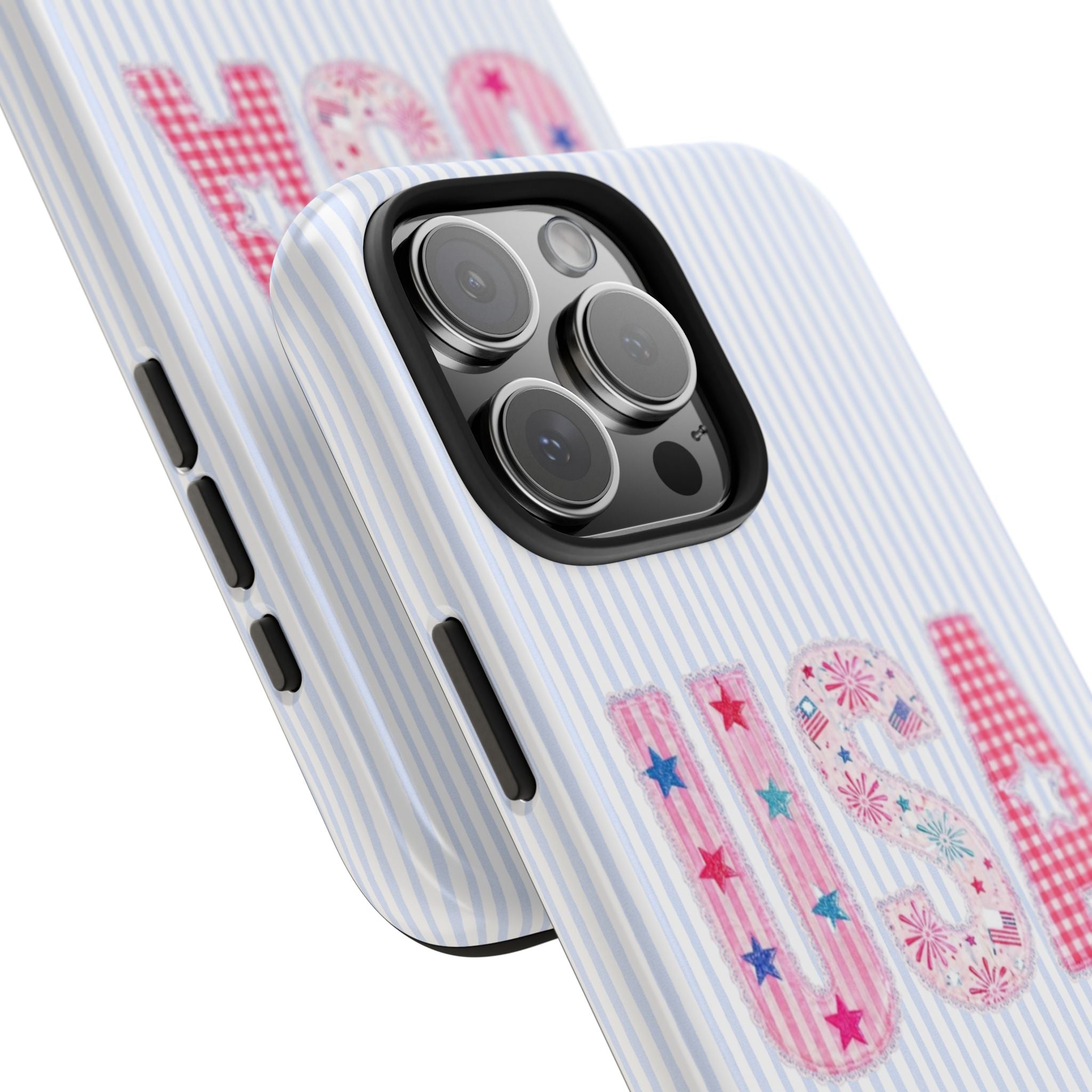 Phone case close-up: light blue striped background with USA letter graphic and camera cutout
