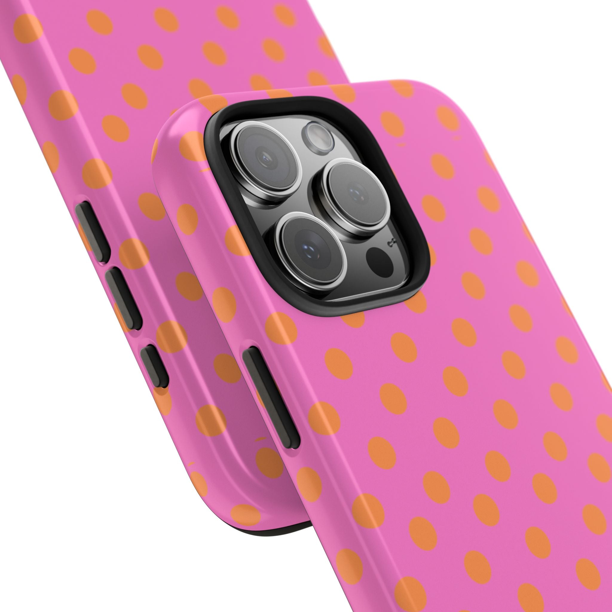 Pink polka dot phone case, raised camera bump and side button openings