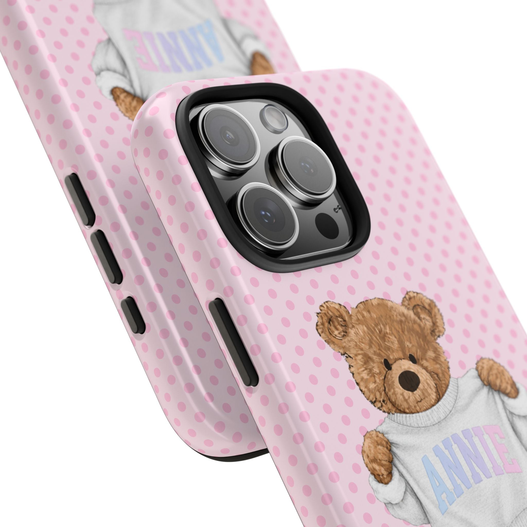 PERSONALIZED VARSITY SWEATER PINK POLKA DOTS CUSTOM TEDDY BEAR NAME PHONE CASE