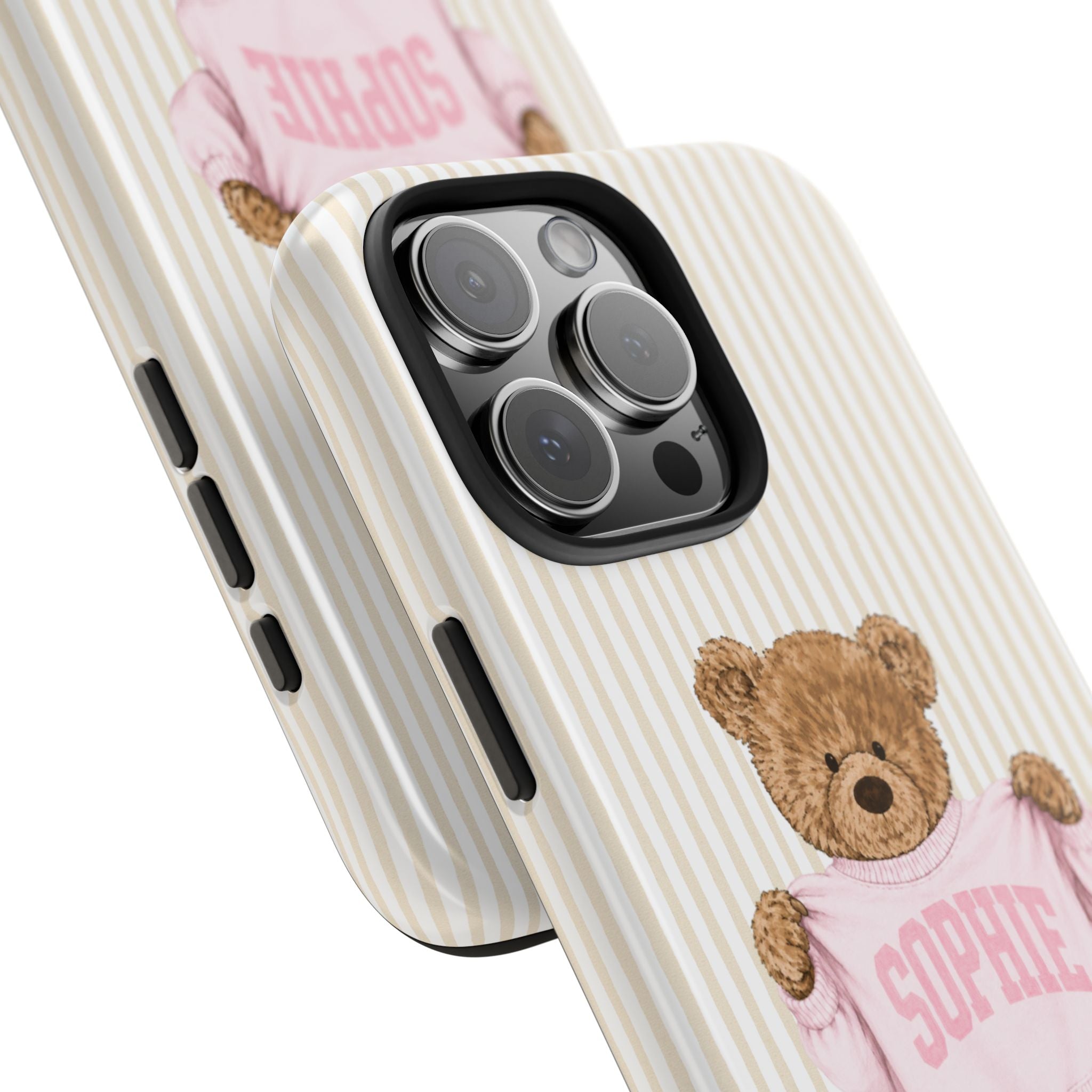 PERSONALIZED VARSITY SWEATER BEIGE STRIPES CUSTOM TEDDY BEAR NAME PHONE CASE
