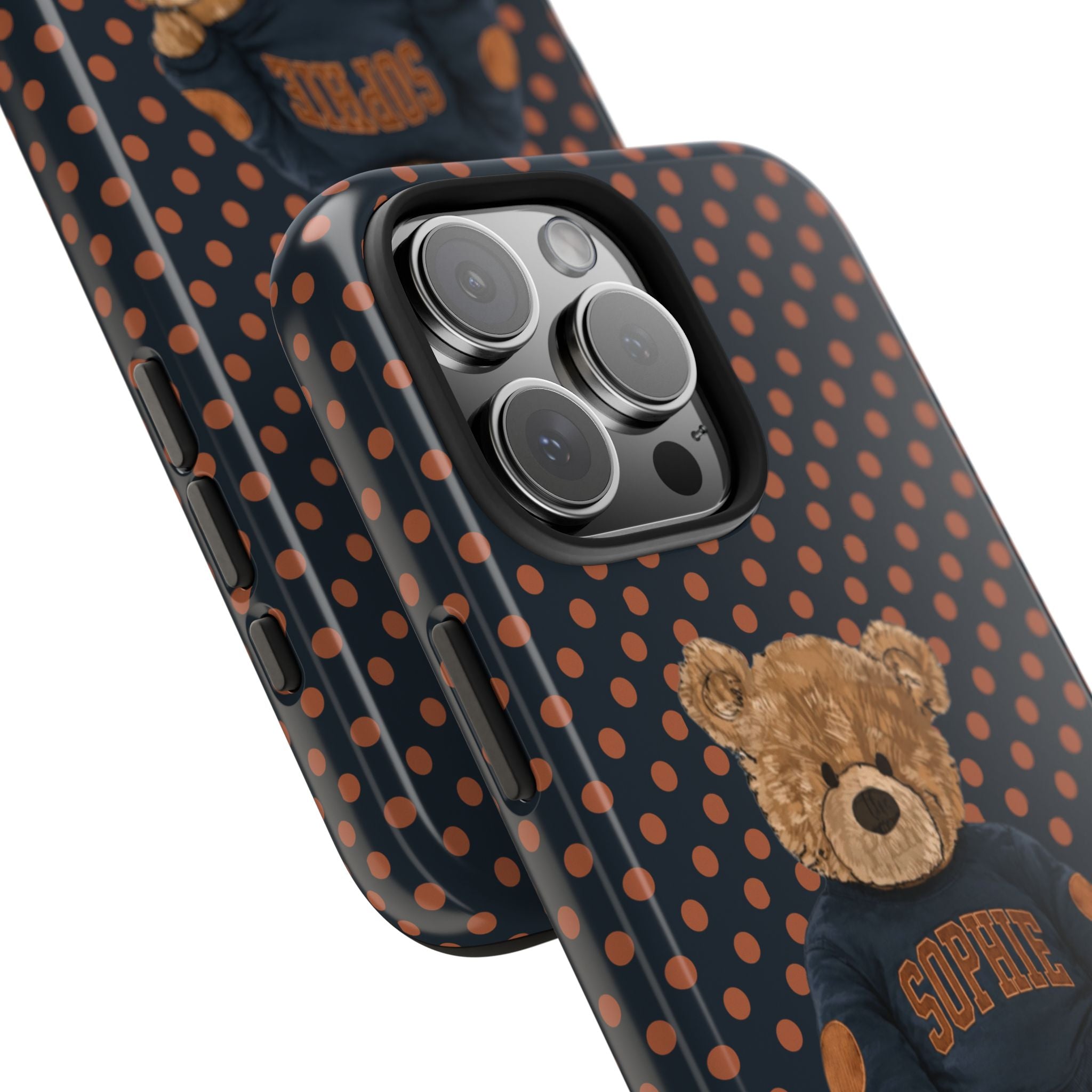 PERSONALIZED VARSITY SWEATER NAVY BROWN POLKA DOTS CUSTOM TEDDY BEAR NAME PHONE CASE