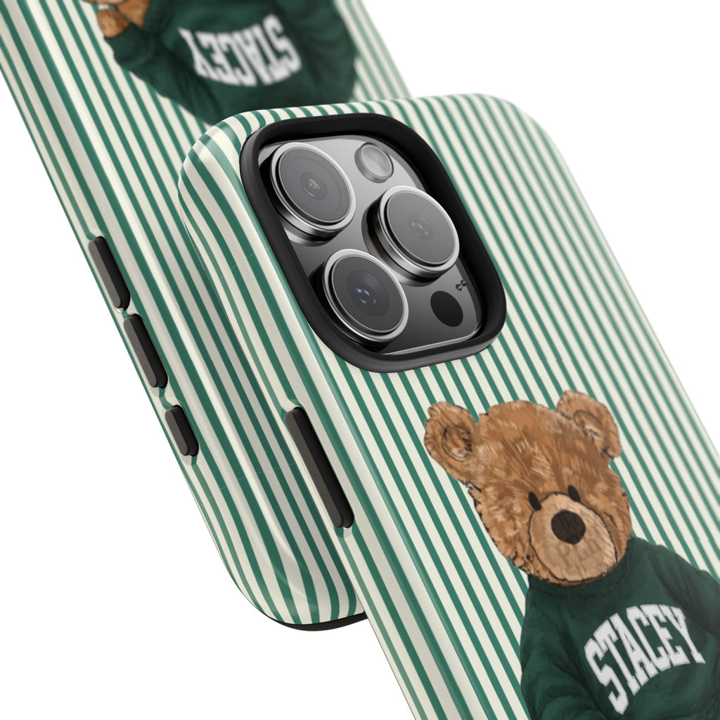 PERSONALIZED VARSITY SWEATER GREEN STRIPES CUSTOM TEDDY BEAR NAME PHONE CASE