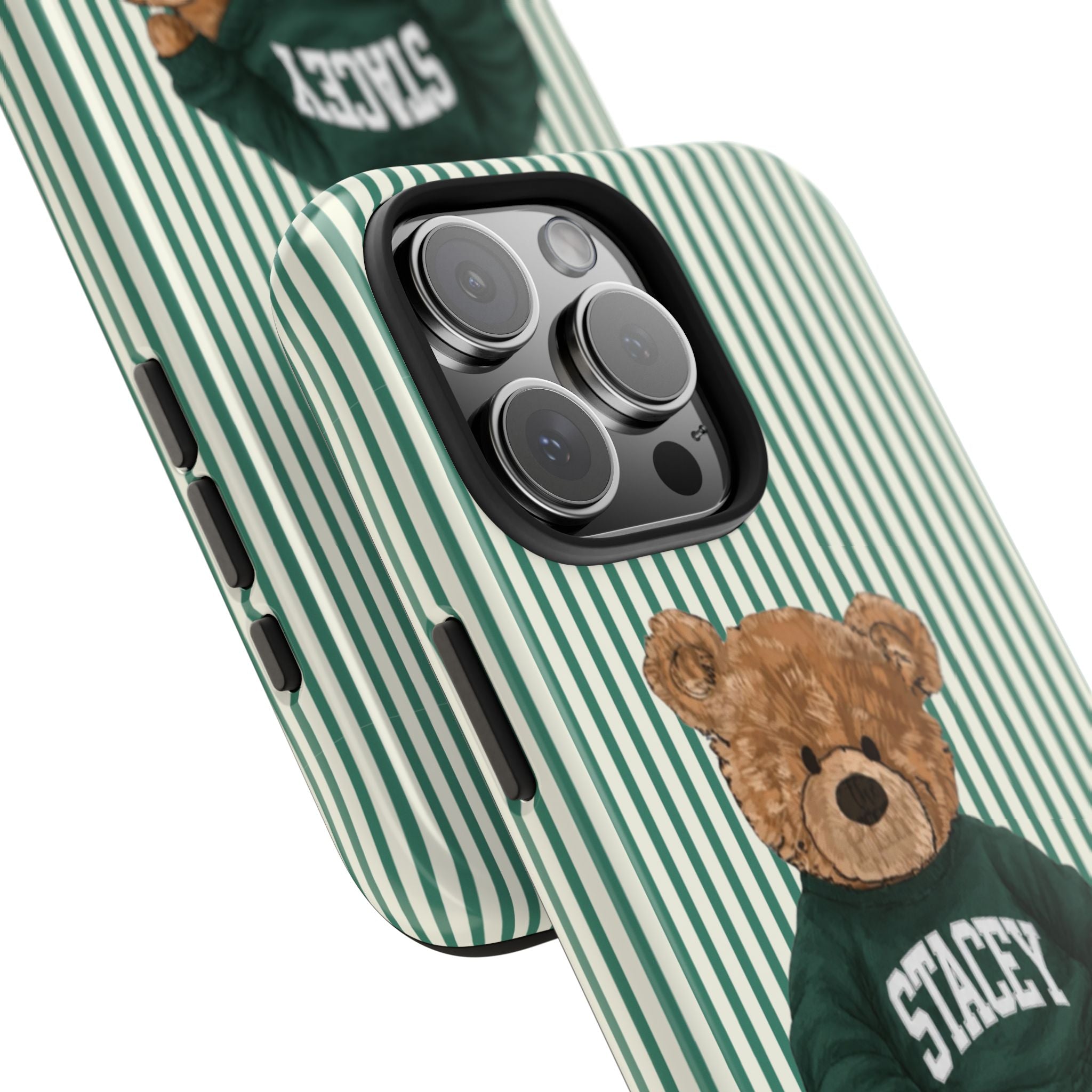 PERSONALIZED VARSITY SWEATER GREEN STRIPES CUSTOM TEDDY BEAR NAME PHONE CASE