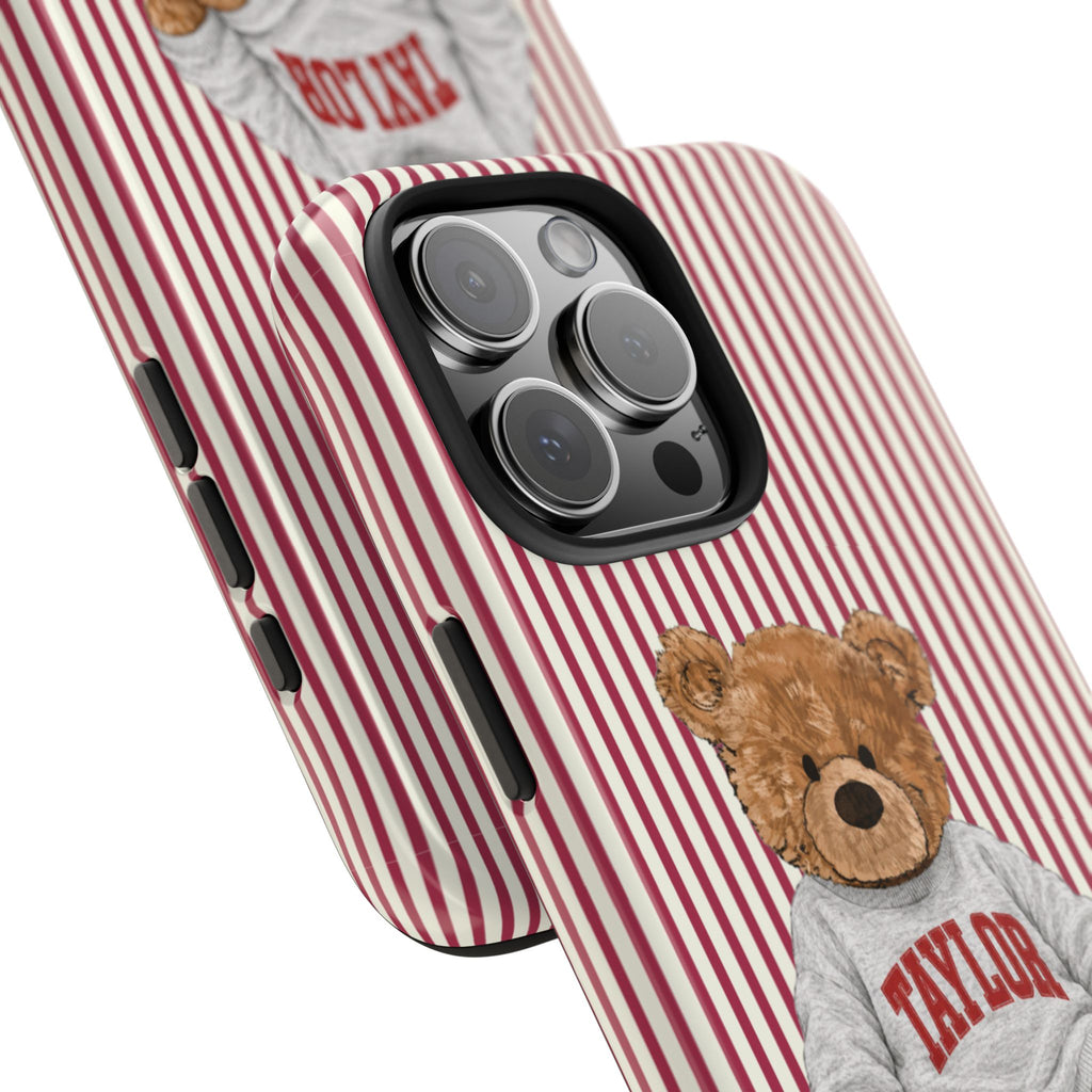 PERSONALIZED VARSITY SWEATER RED STRIPES CUSTOM TEDDY BEAR NAME PHONE CASE