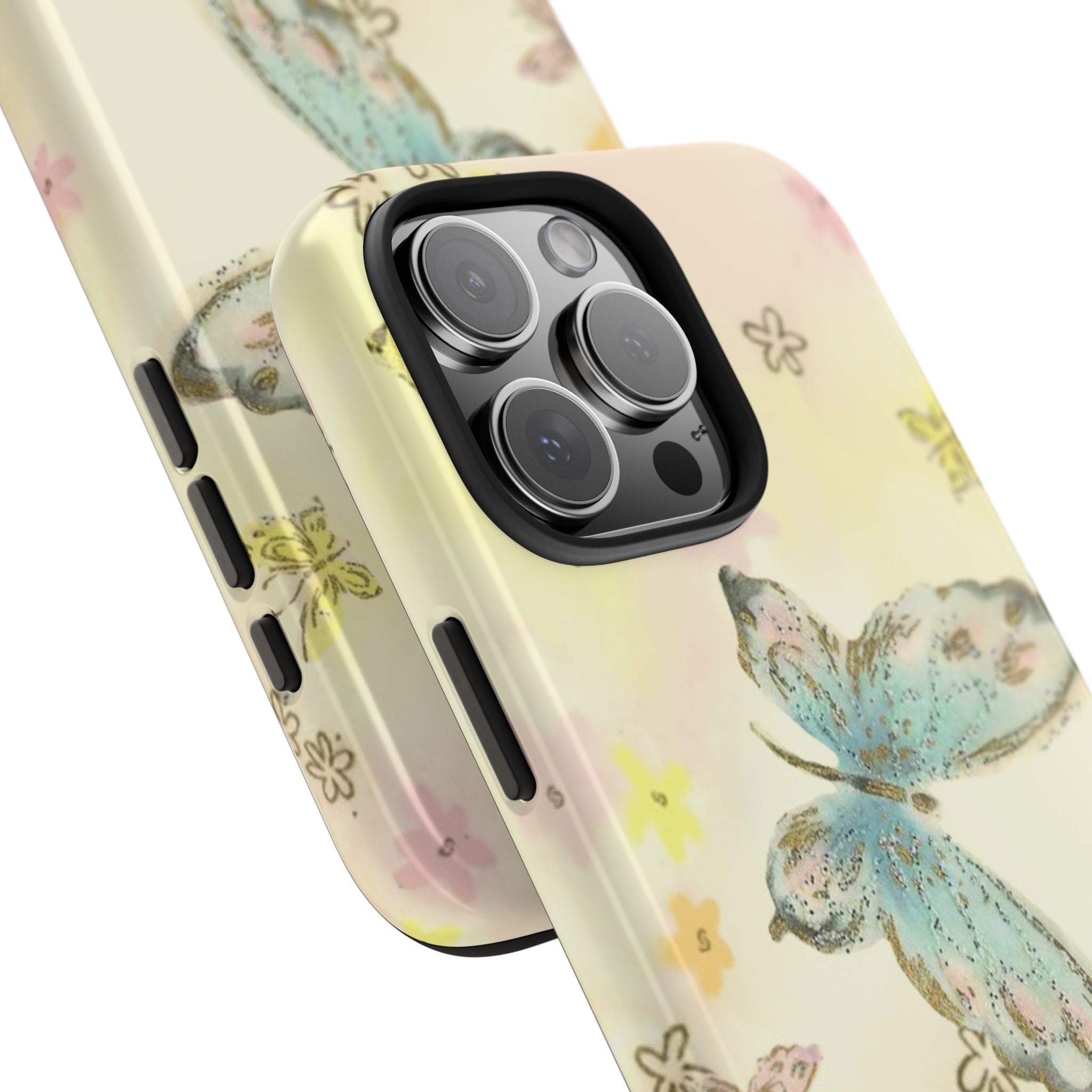 Butter yellow phone case close-up with butterfly print and triple camera cutout