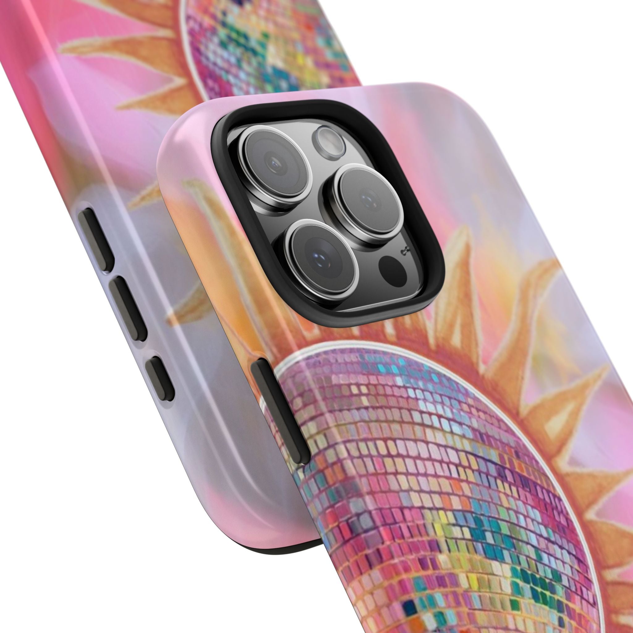 Pink phone case with sunburst mosaic, camera cutout, and side button openings