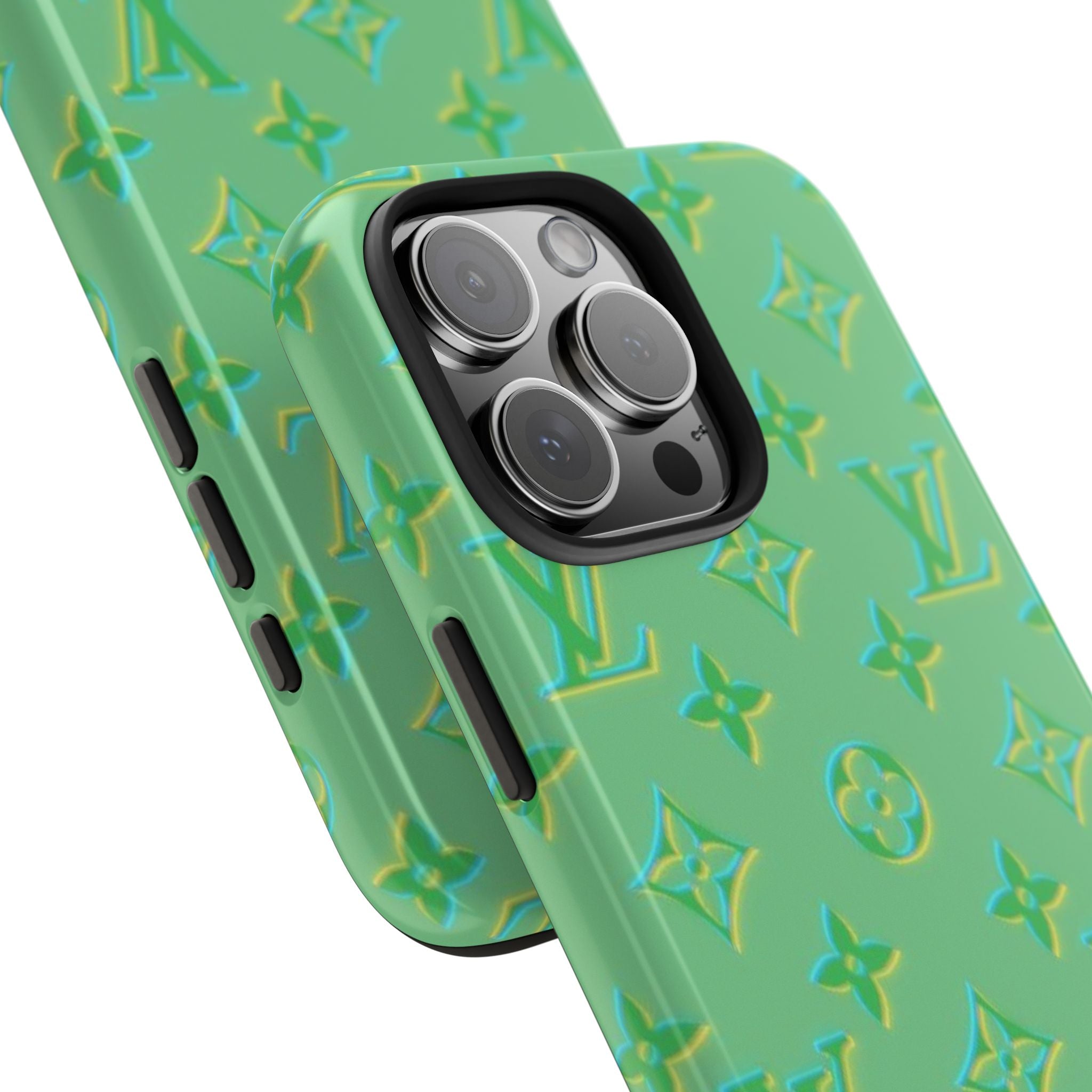 Lime green phone case close-up with LV monogram pattern and camera lens protection