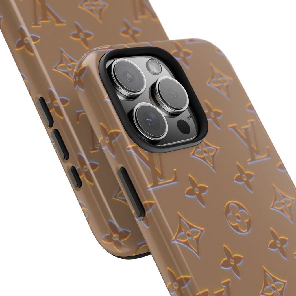 Taupe phone case with LV monogram texture and raised triple-camera cover