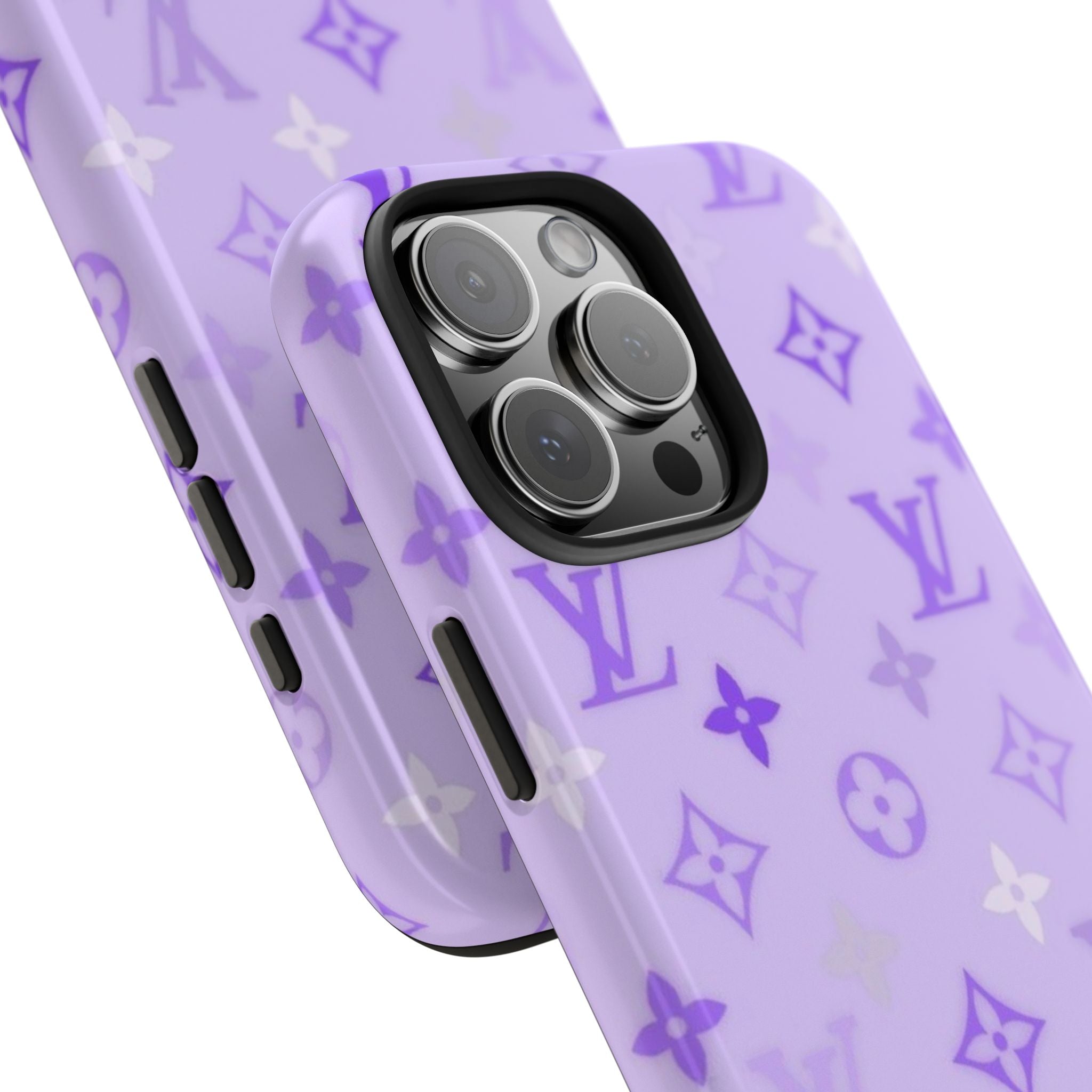 Lavender phone case pair with LV pattern, dual-lens camera cutout, button openings
