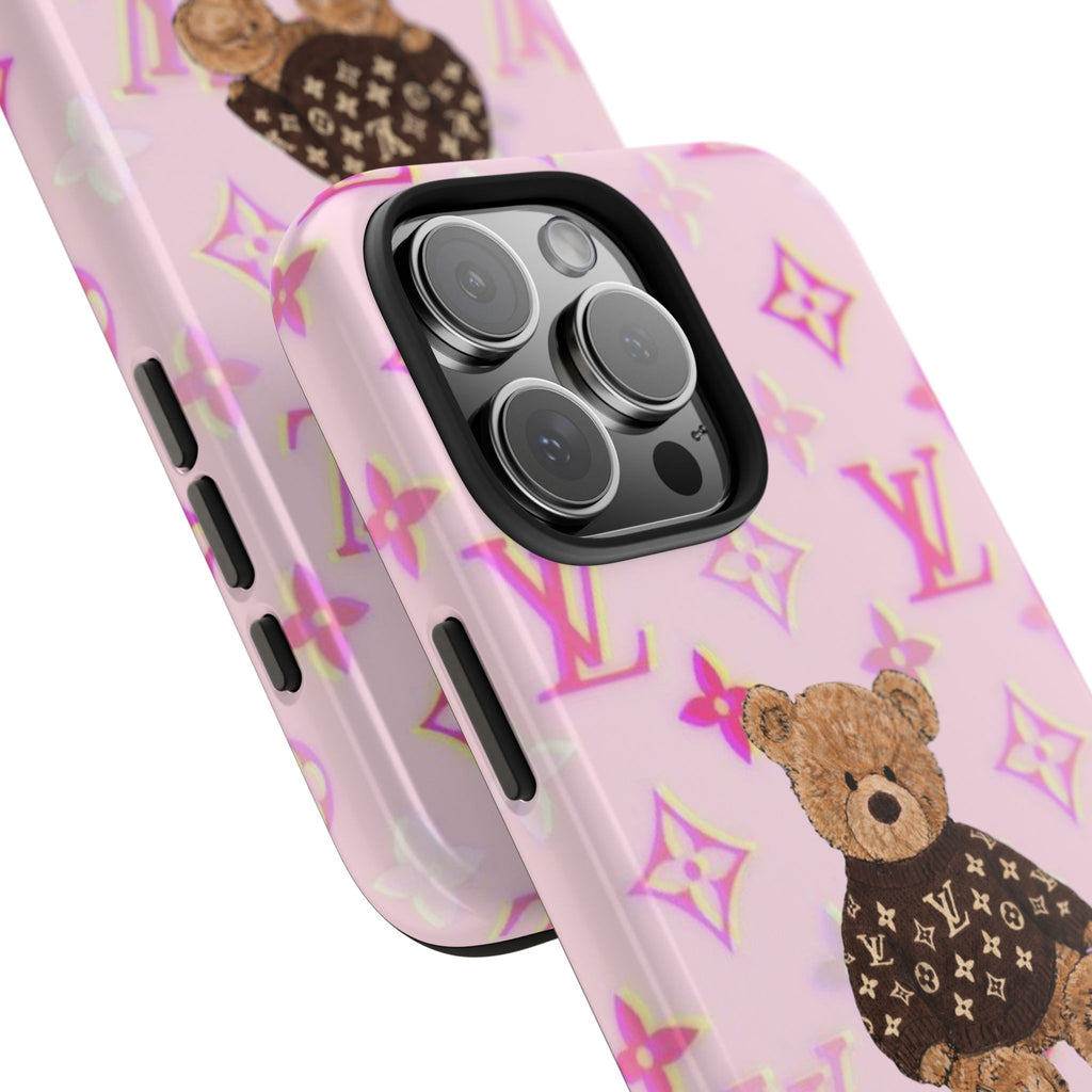 Pink phone case with teddy bear print and LV monogram, showing camera cutouts